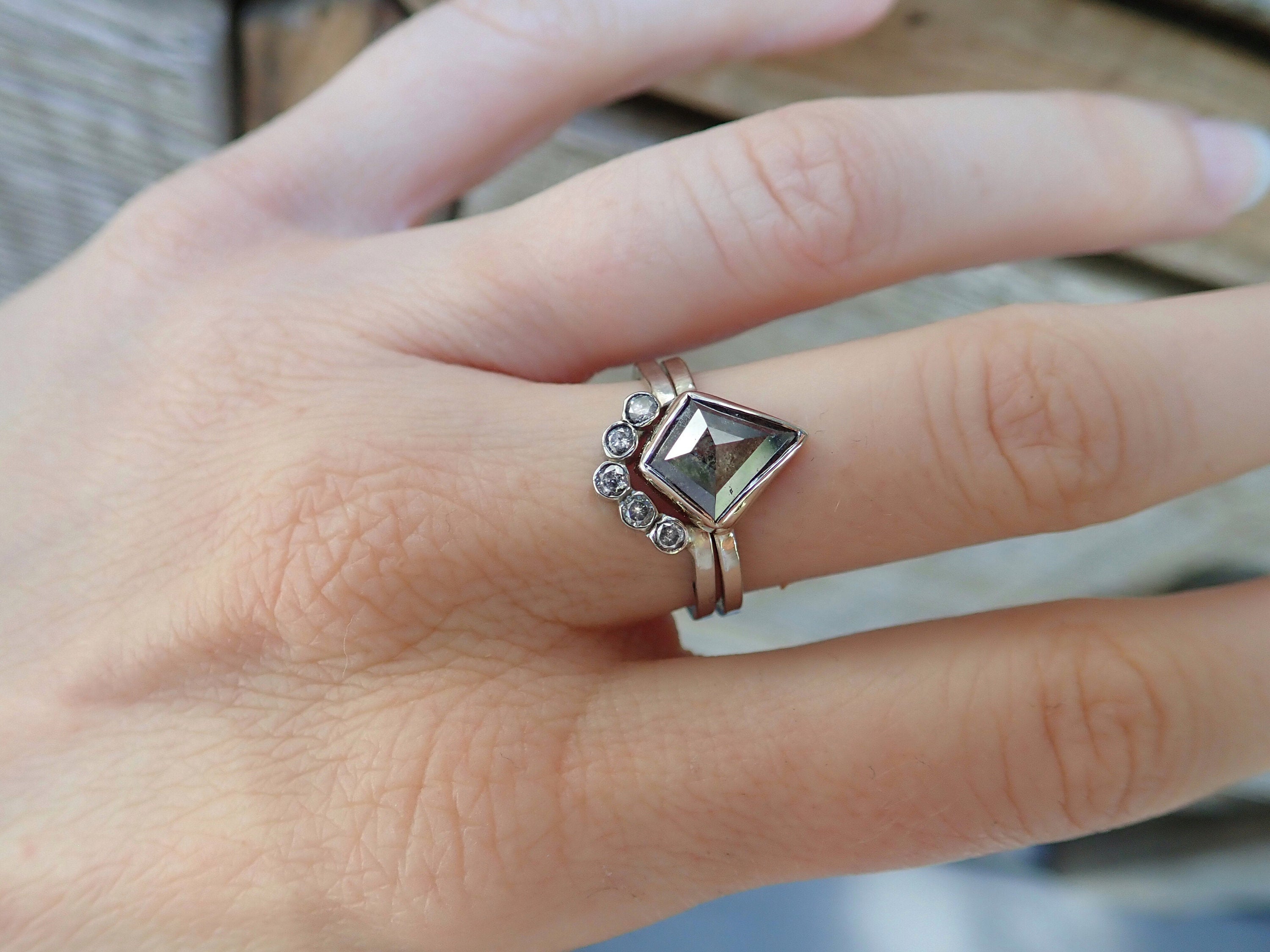 Custom: Kite Shape Salt and Pepper Diamond Ring - mossNstone