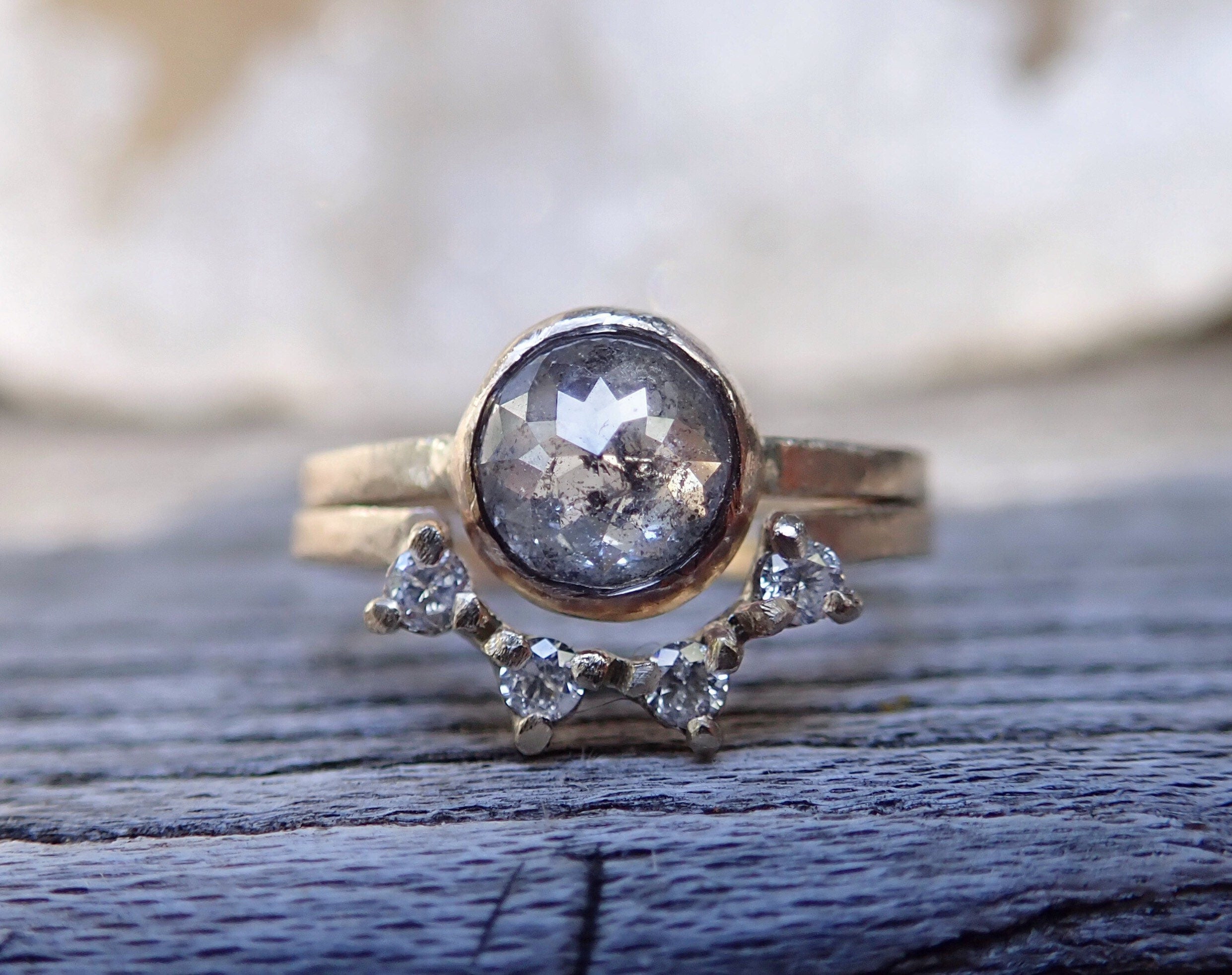 Custom: Round Rose Cut Salt and Pepper Diamond Ring - mossNstone