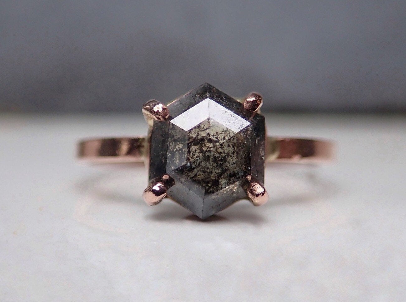 Custom: Hexagon Salt and Pepper Diamond Ring - mossNstone