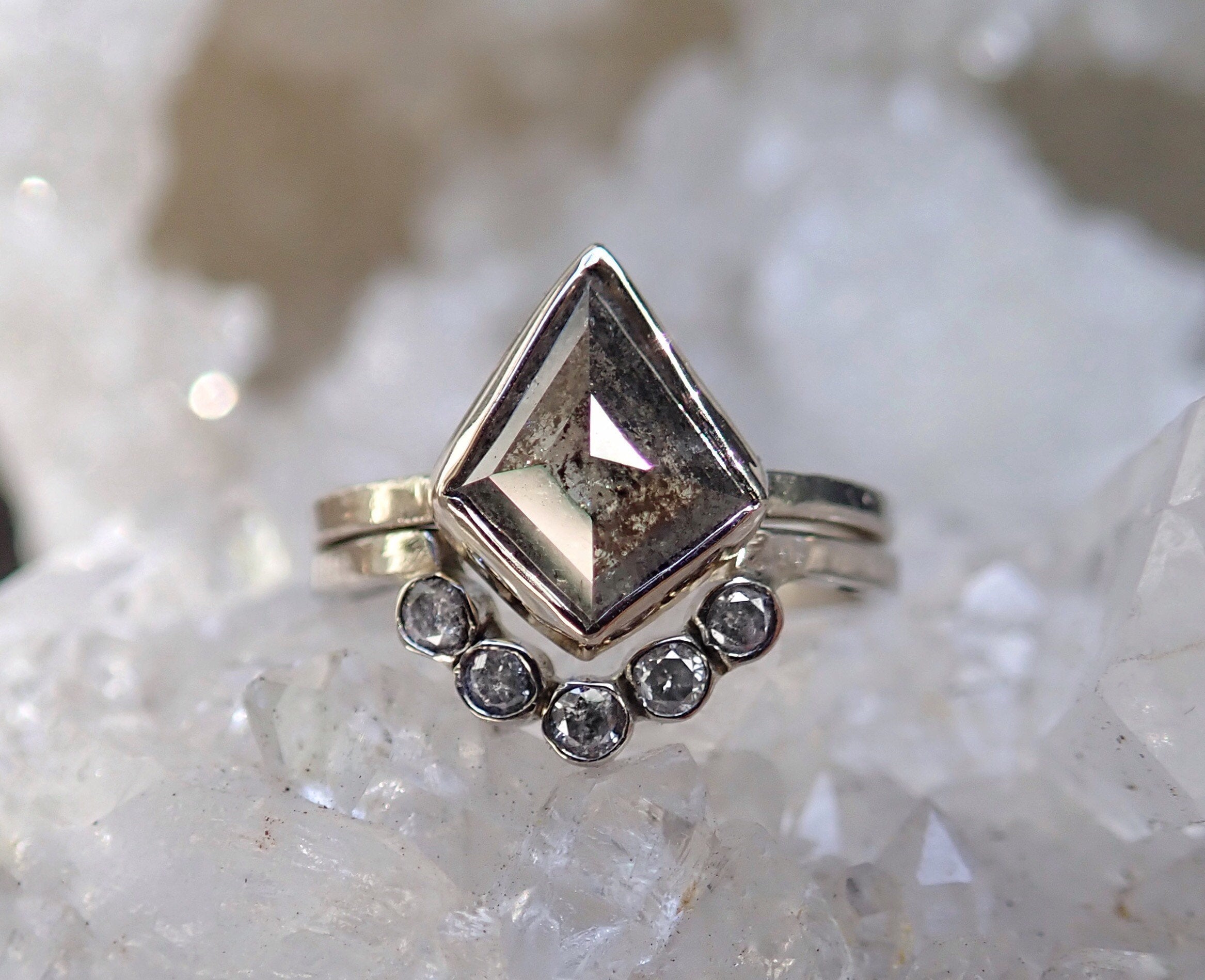 Custom: Kite Shape Salt and Pepper Diamond Ring - mossNstone