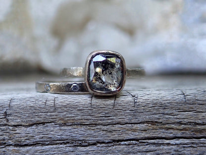 Custom: Cushion and Oval, Rose Cut Salt and Pepper Diamond Ring - mossNstone