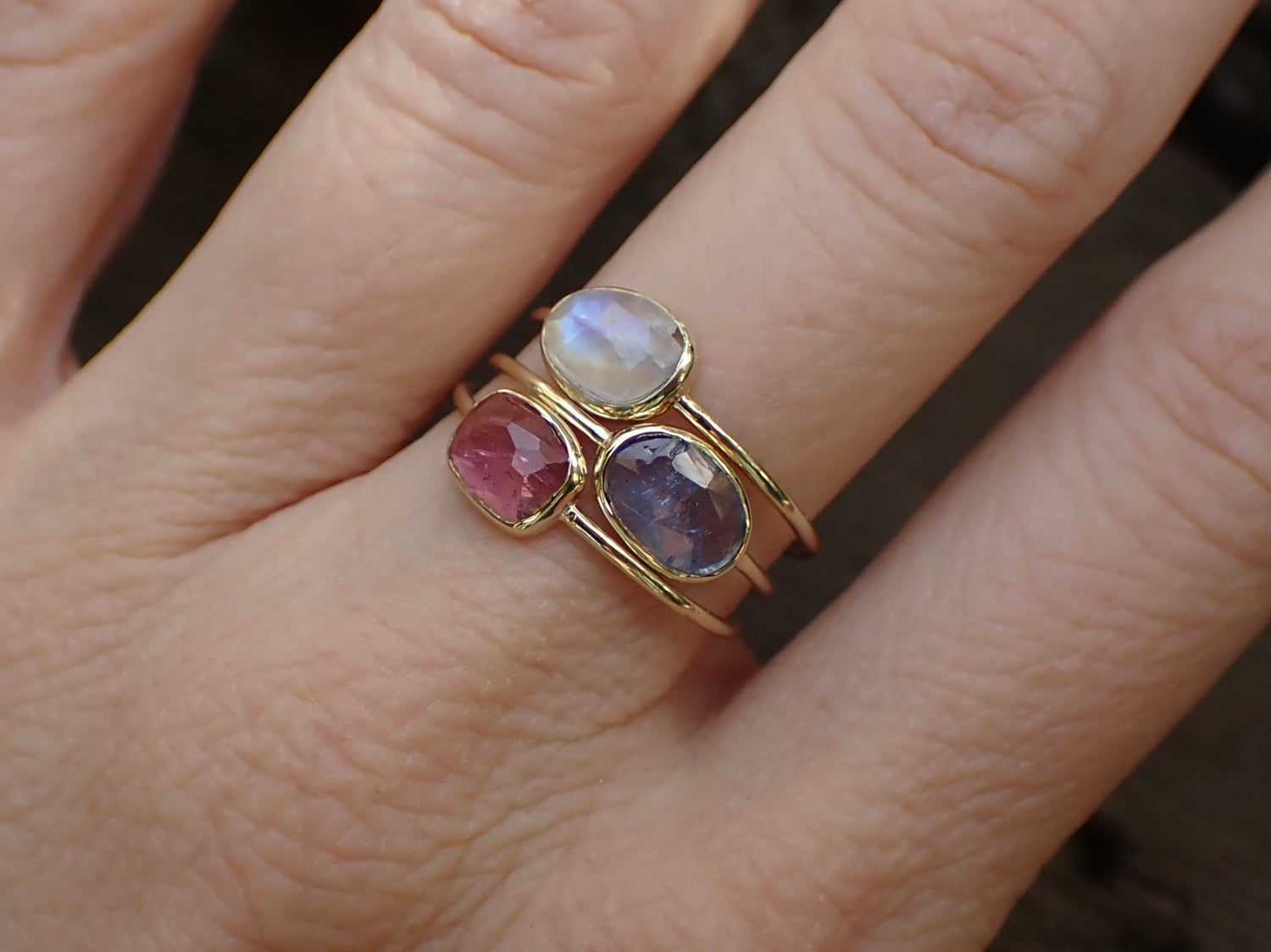 Rainbow Moonstone Ring, Solid 14k, Rose Cut Moonstone, Minimalist Ring - mossNstone