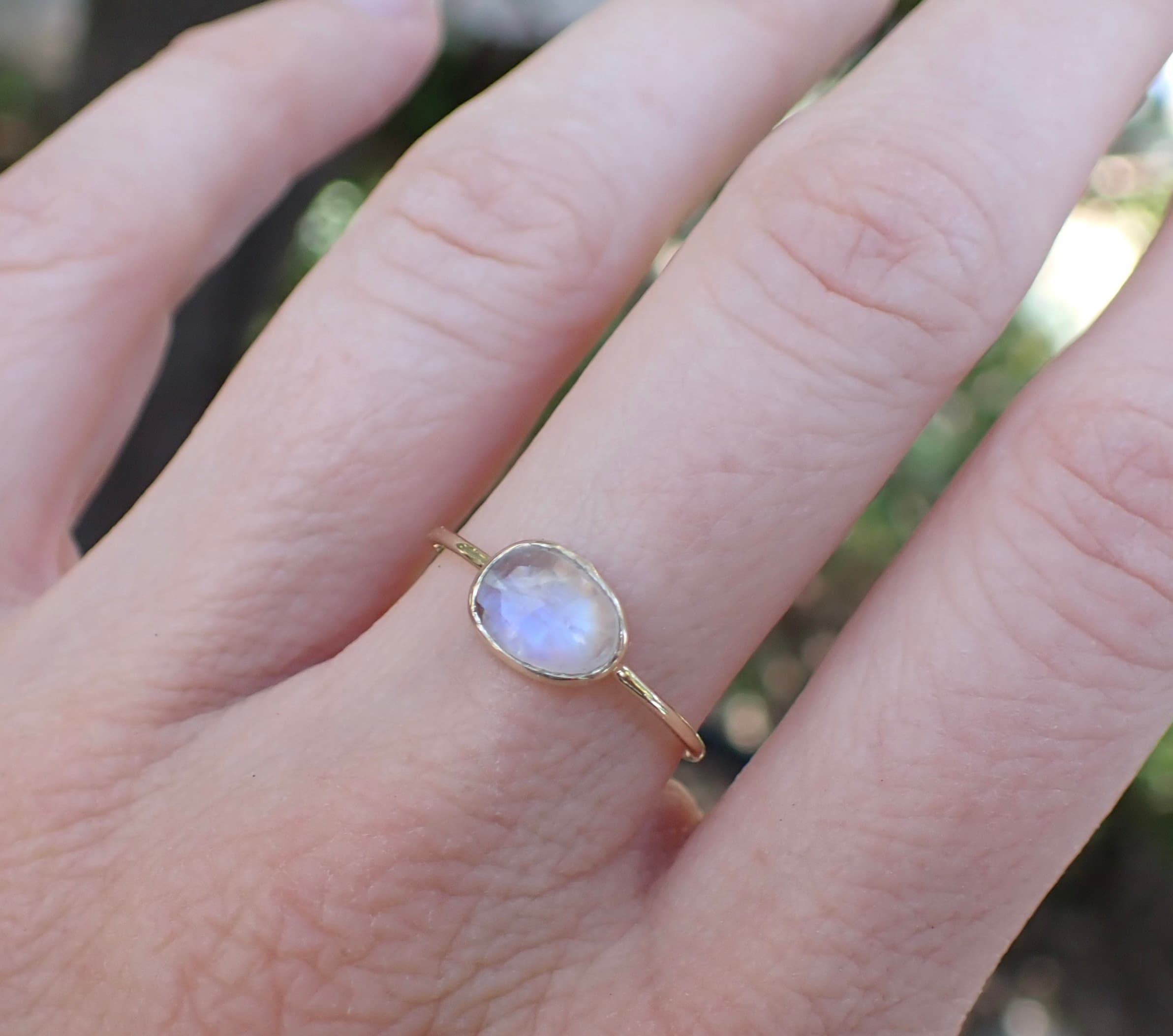 Rainbow Moonstone Ring, Solid 14k, Rose Cut Moonstone, Minimalist Ring - mossNstone