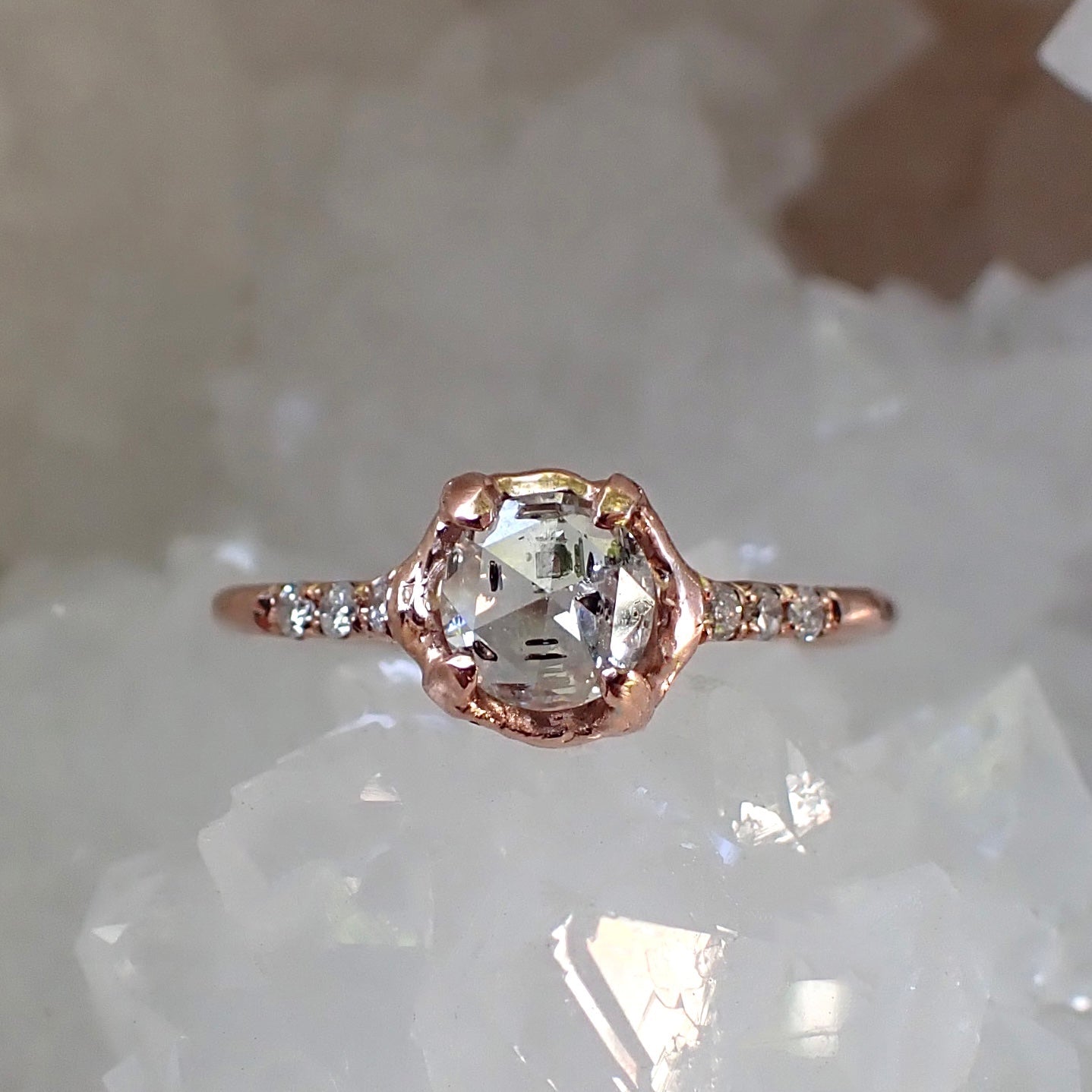 Salt and Pepper Round Diamond ring set, Hand Carved in 14k Rose Gold.