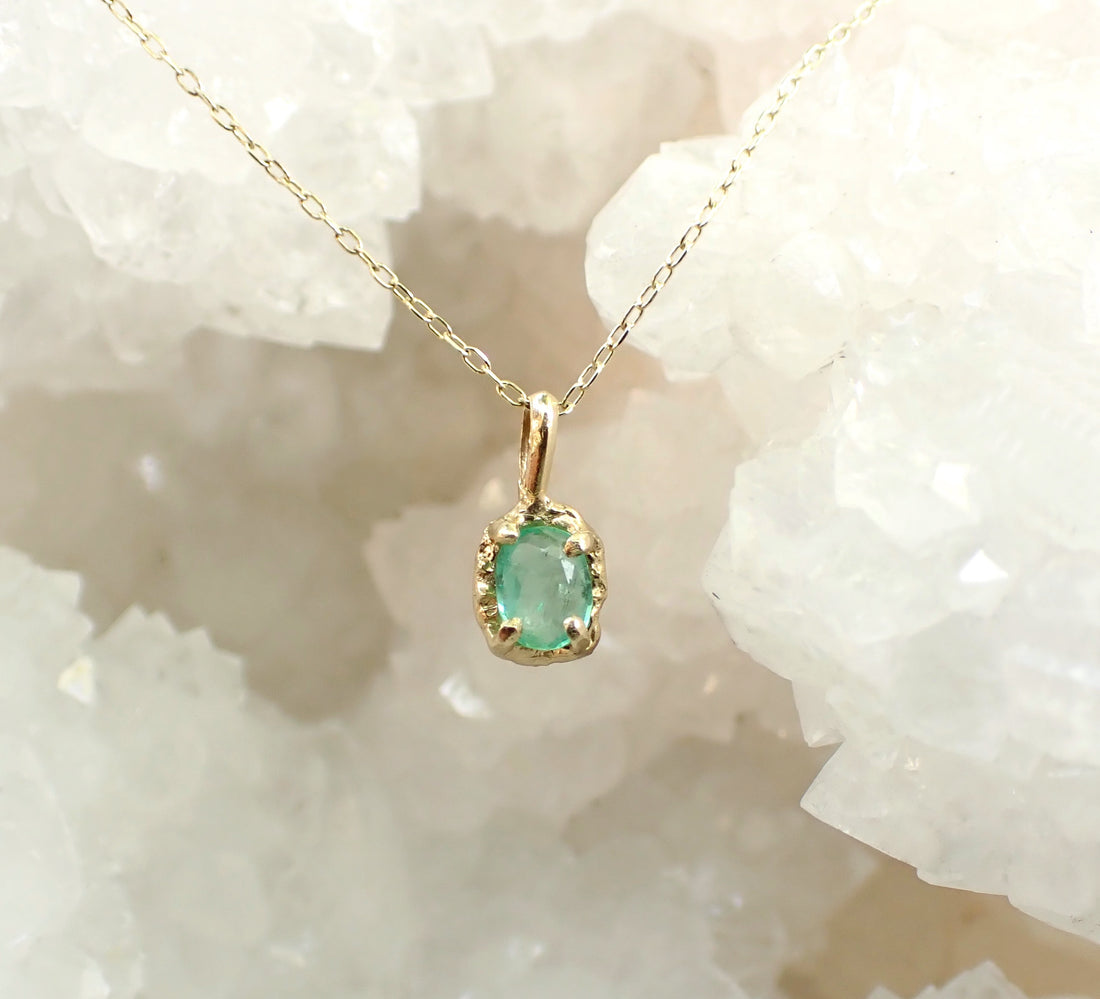 14k Oval Emerald Necklace - Salt and Pepper Diamond Ring- mossNstone