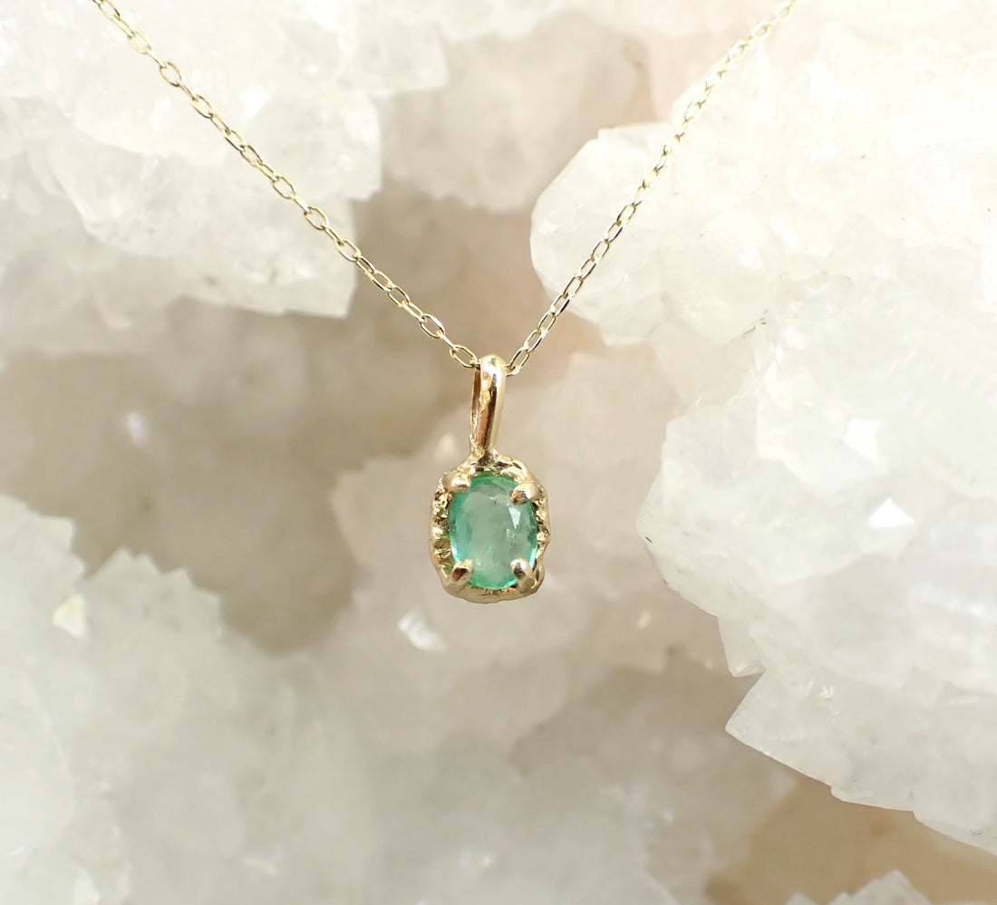 14k Oval Emerald Necklace - Salt and Pepper Diamond Ring- mossNstone