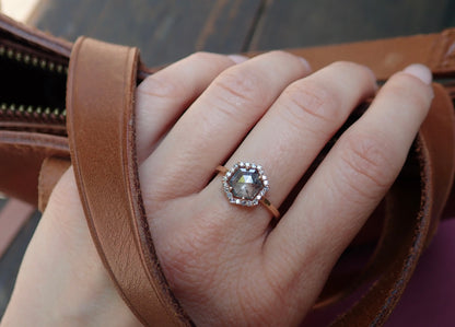 Ready to to Ship: Salt and Pepper Hexagon Halo Diamond Ring 14k Rose Gold, Size 6 - mossNstone