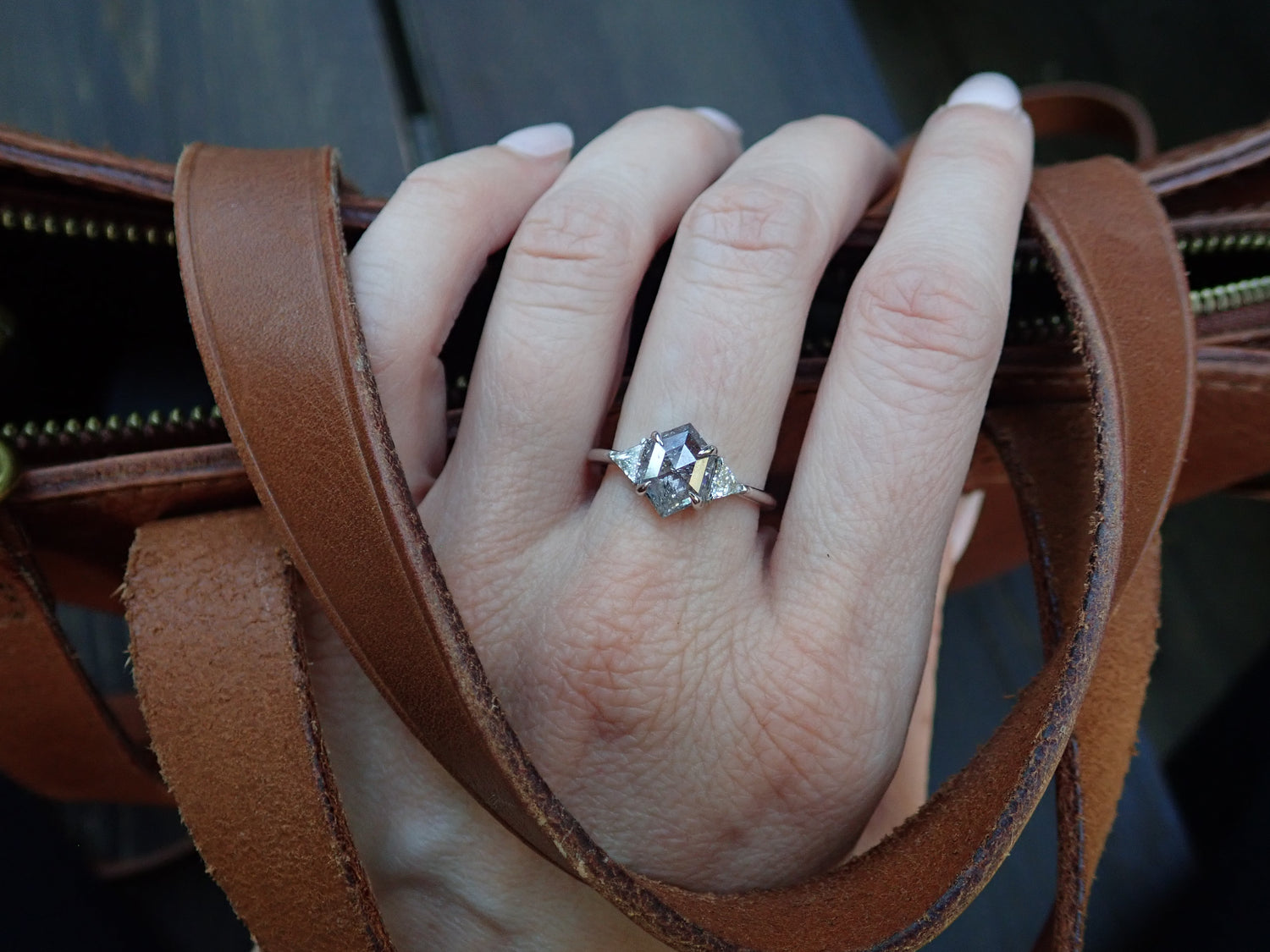 Salt and Pepper Hexagon Diamond Ring 14k White Gold - mossNstone