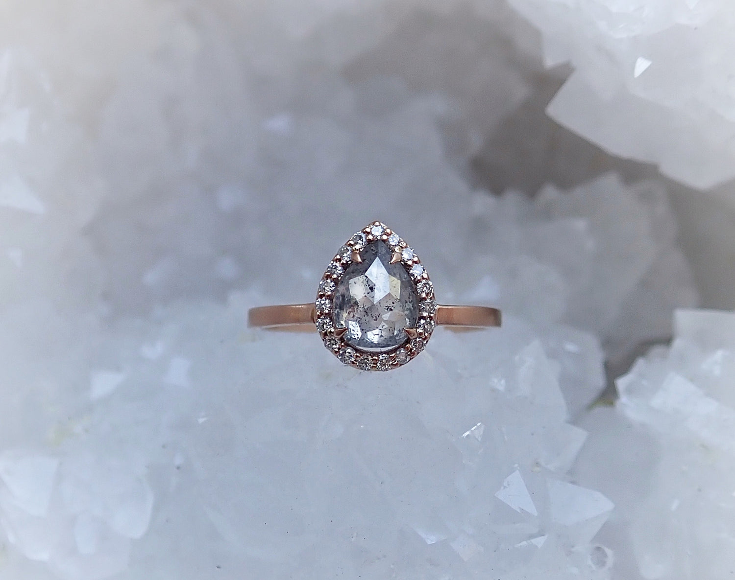 Halo Salt and Pepper Pear Diamond Ring 14k Rose Gold - mossNstone