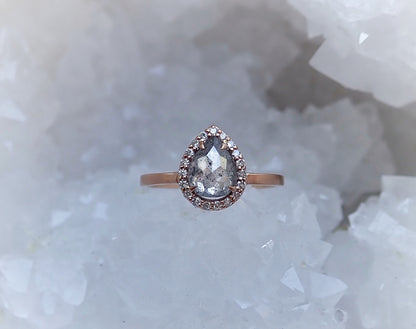 Halo Salt and Pepper Pear Diamond Ring 14k Rose Gold - mossNstone