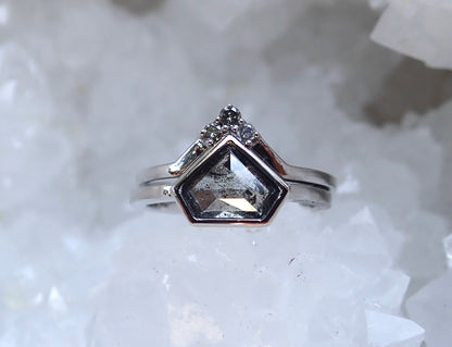 Shield Cut Salt and Pepper Diamond Ring, Bezel Set in 14k White Gold - mossNstone