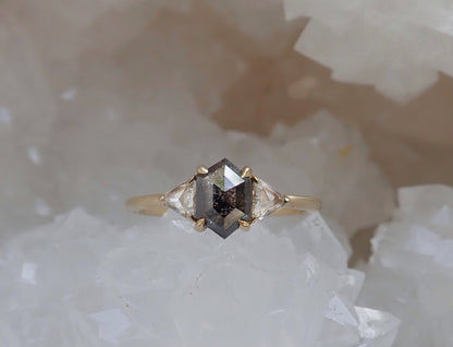 Ready to to Ship: Salt and Pepper Hexagon Diamond Ring 14k Yellow Gold, Size 6 - mossNstone