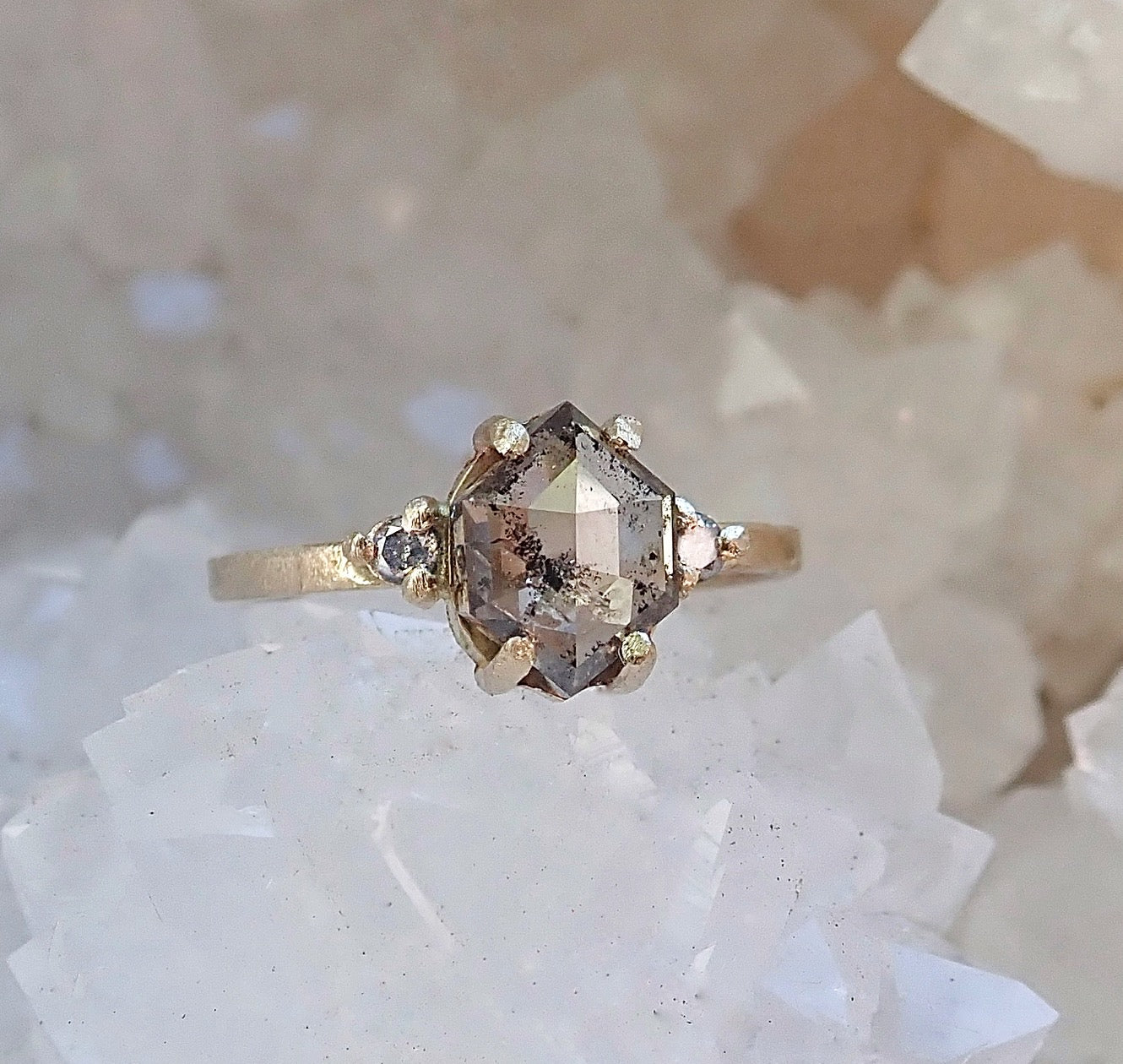 Custom: Elongated Hexagon Cut, Salt and Pepper Diamond Engagement Ring - mossNstone