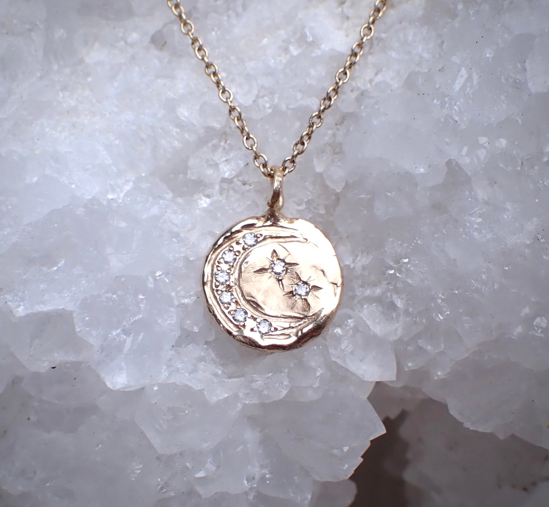 Crescent Diamond and Stars Coin Pendant - Salt and Pepper Diamond Ring- mossNstone