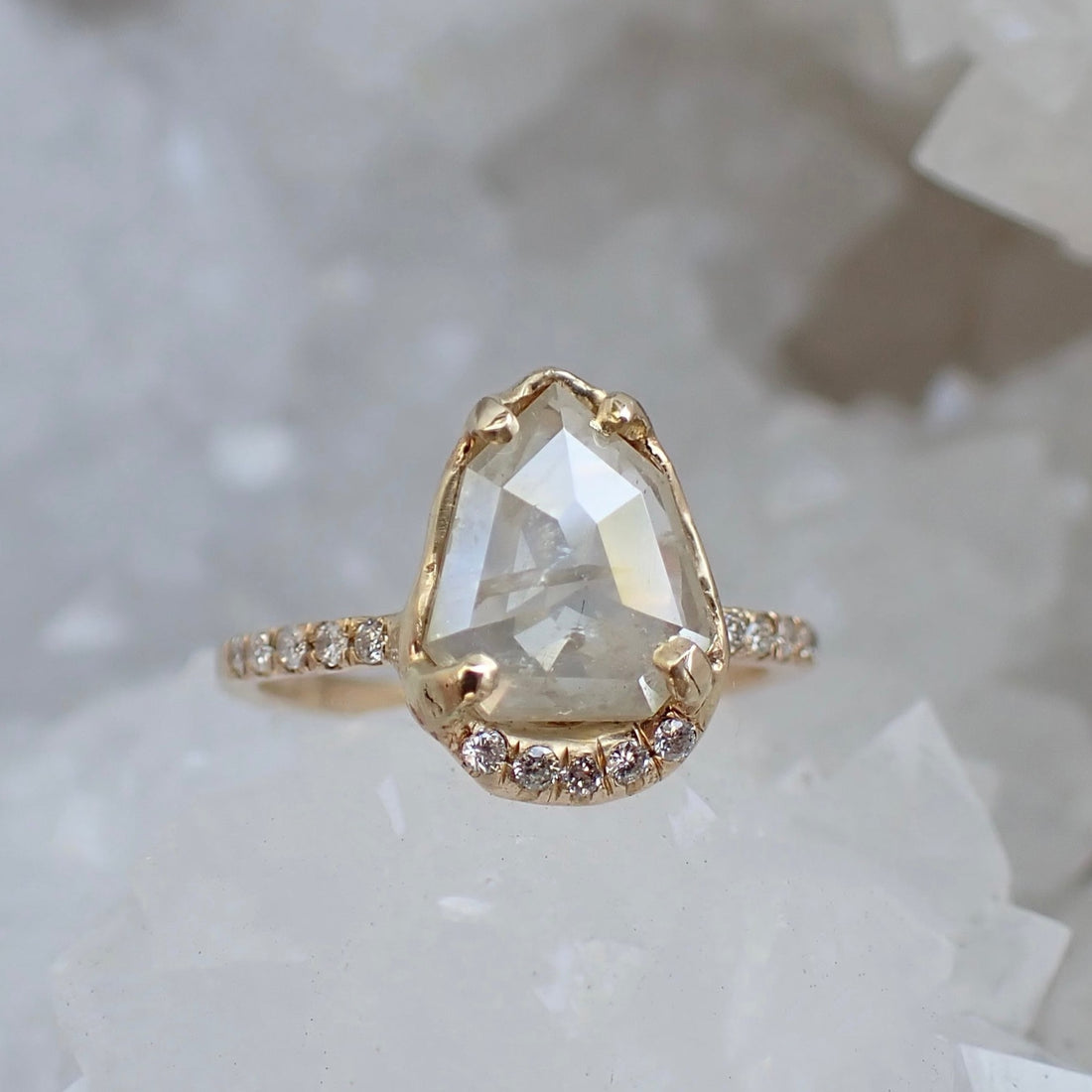 Icy White Shield Cut Diamond Ring - Salt and Pepper Diamond Ring- mossNstone