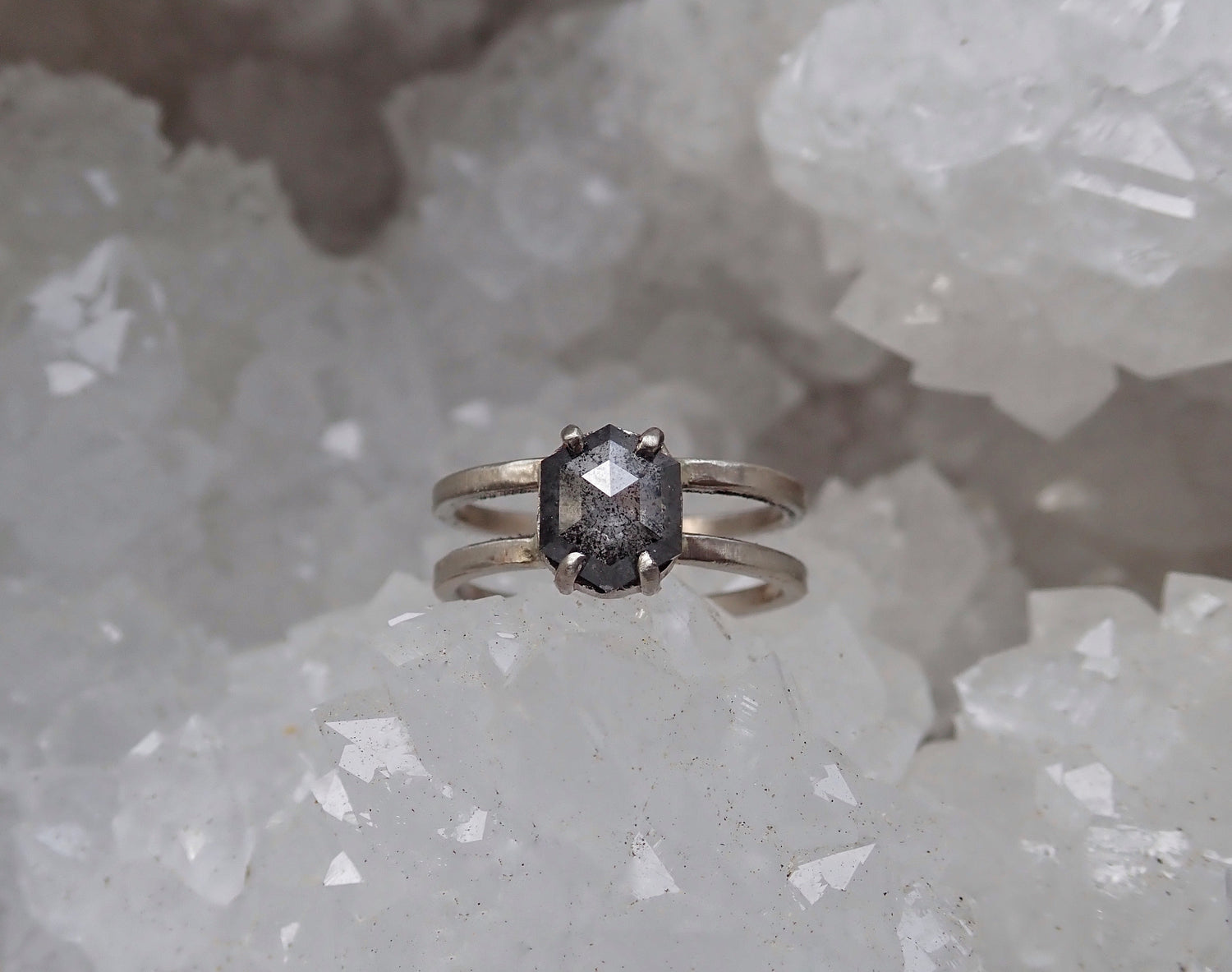 Custom: Elongated Hexagon Cut, Salt and Pepper Diamond Engagement Ring - mossNstone