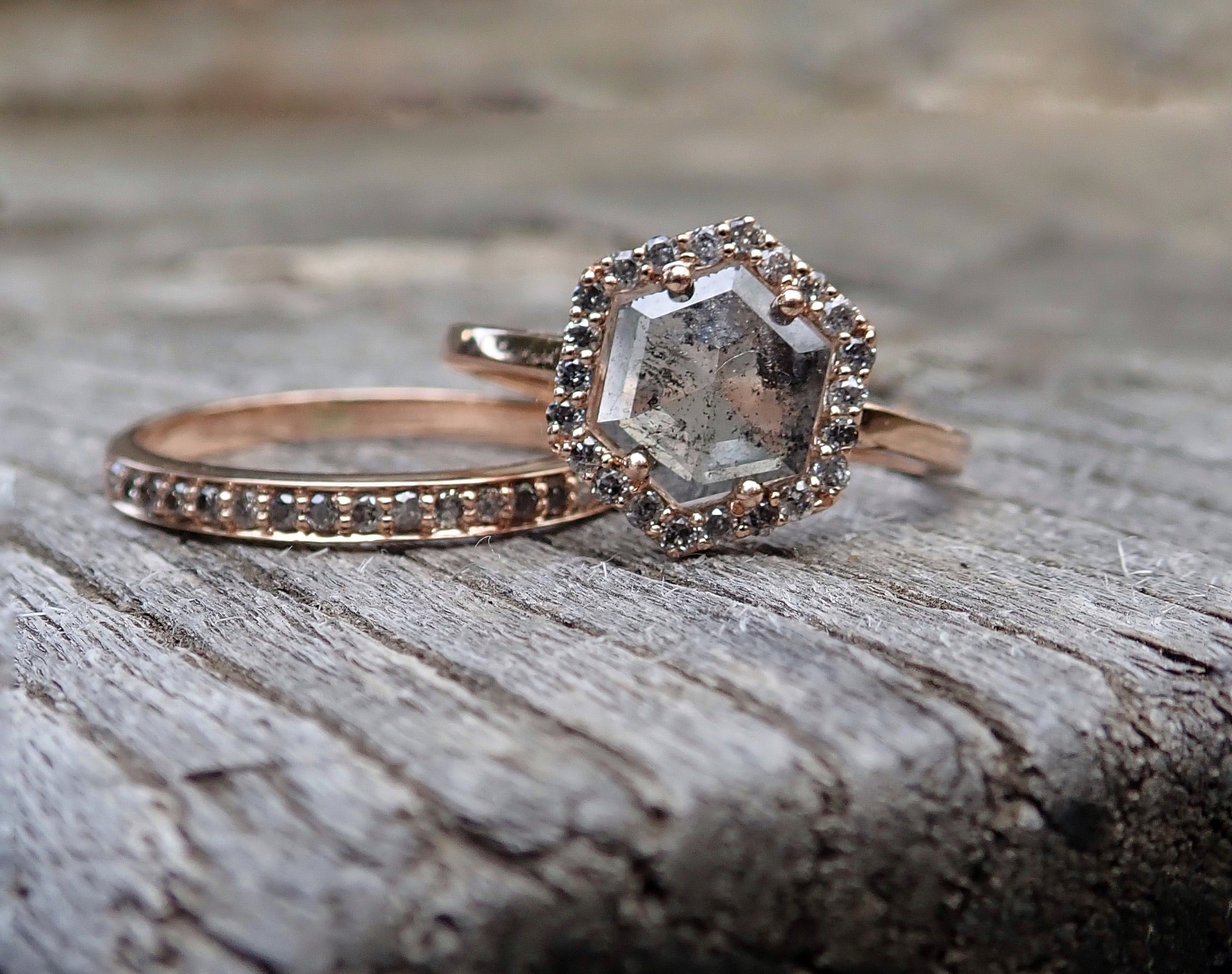 Ready to to Ship: Salt and Pepper Hexagon Halo Diamond Ring 14k Rose Gold, Size 6 - mossNstone