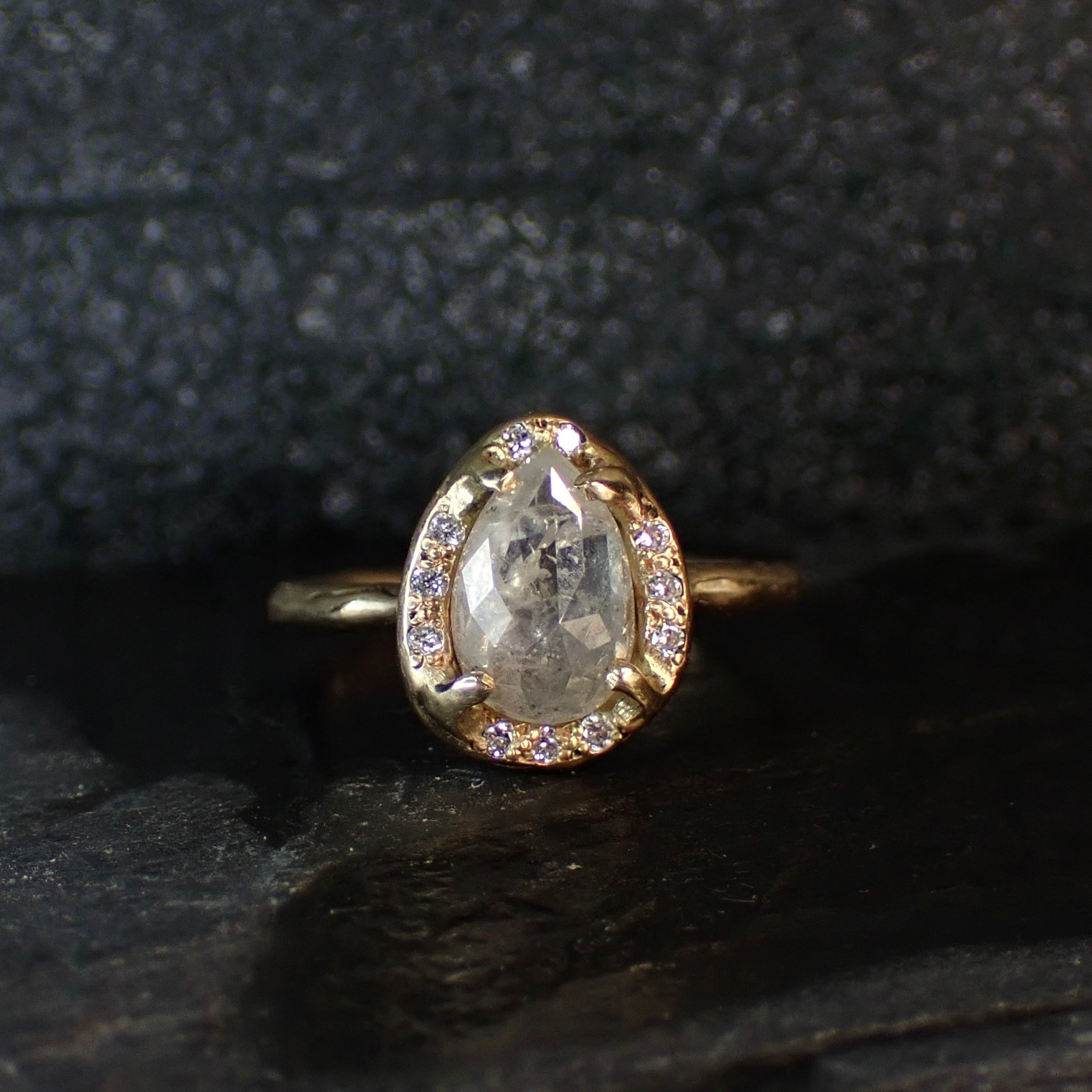 Icy White Salt and Pepper Pear Diamond Ring, in a Molten Diamond Halo - mossNstone