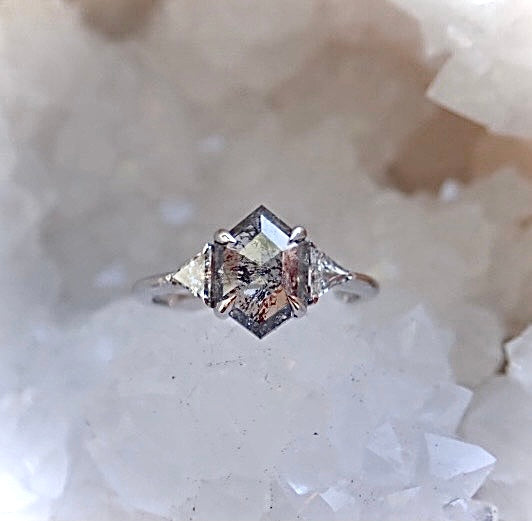 Salt and Pepper Hexagon Diamond Ring 14k White Gold - mossNstone