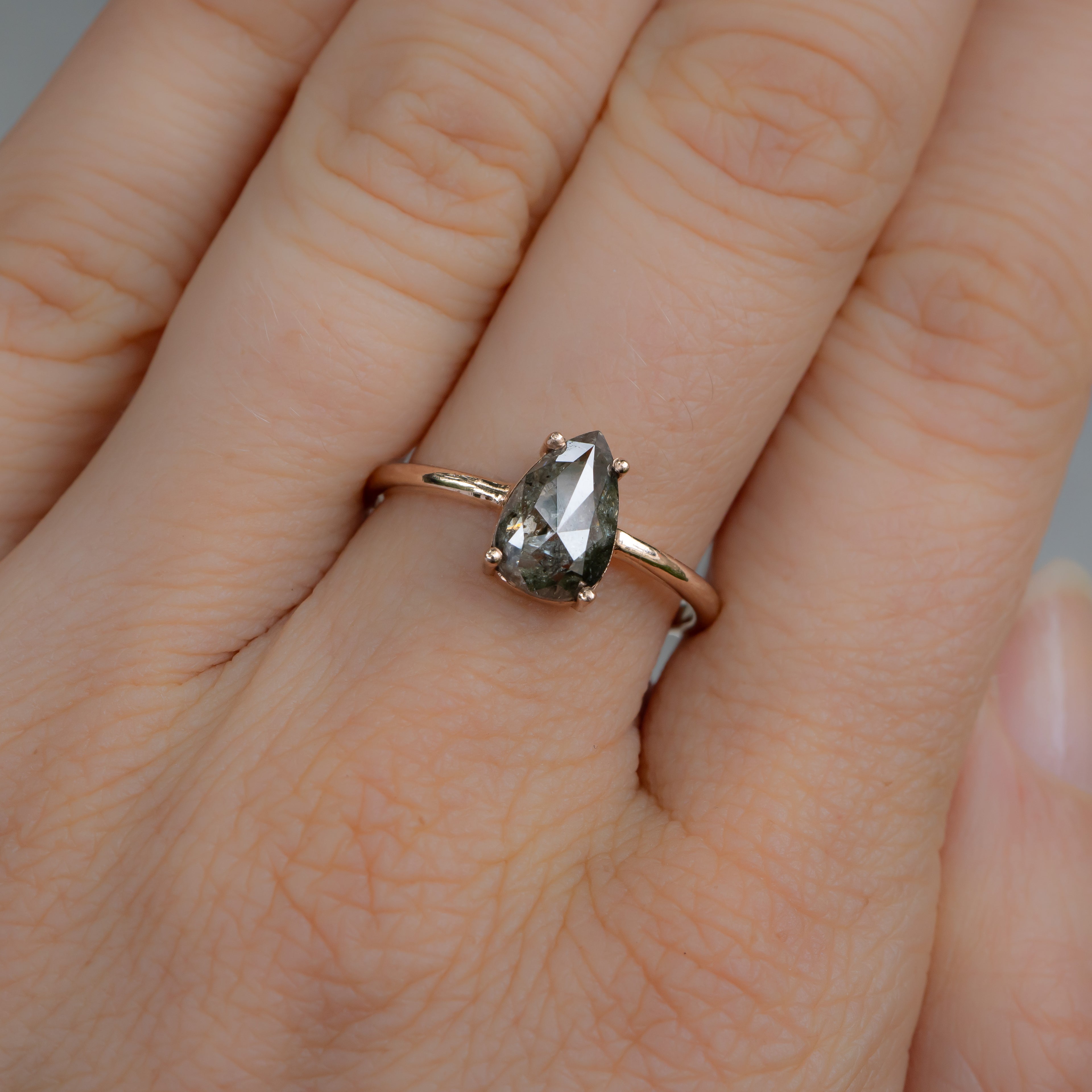 Salt and Pepper Pear Diamond Ring, 14k Rose Gold Solitiare.