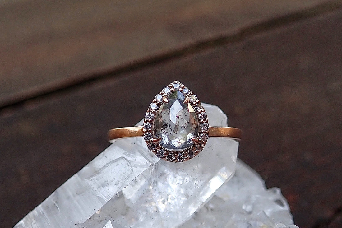 Halo Salt and Pepper Pear Diamond Ring 14k Rose Gold - Salt and Pepper Diamond Ring- mossNstone
