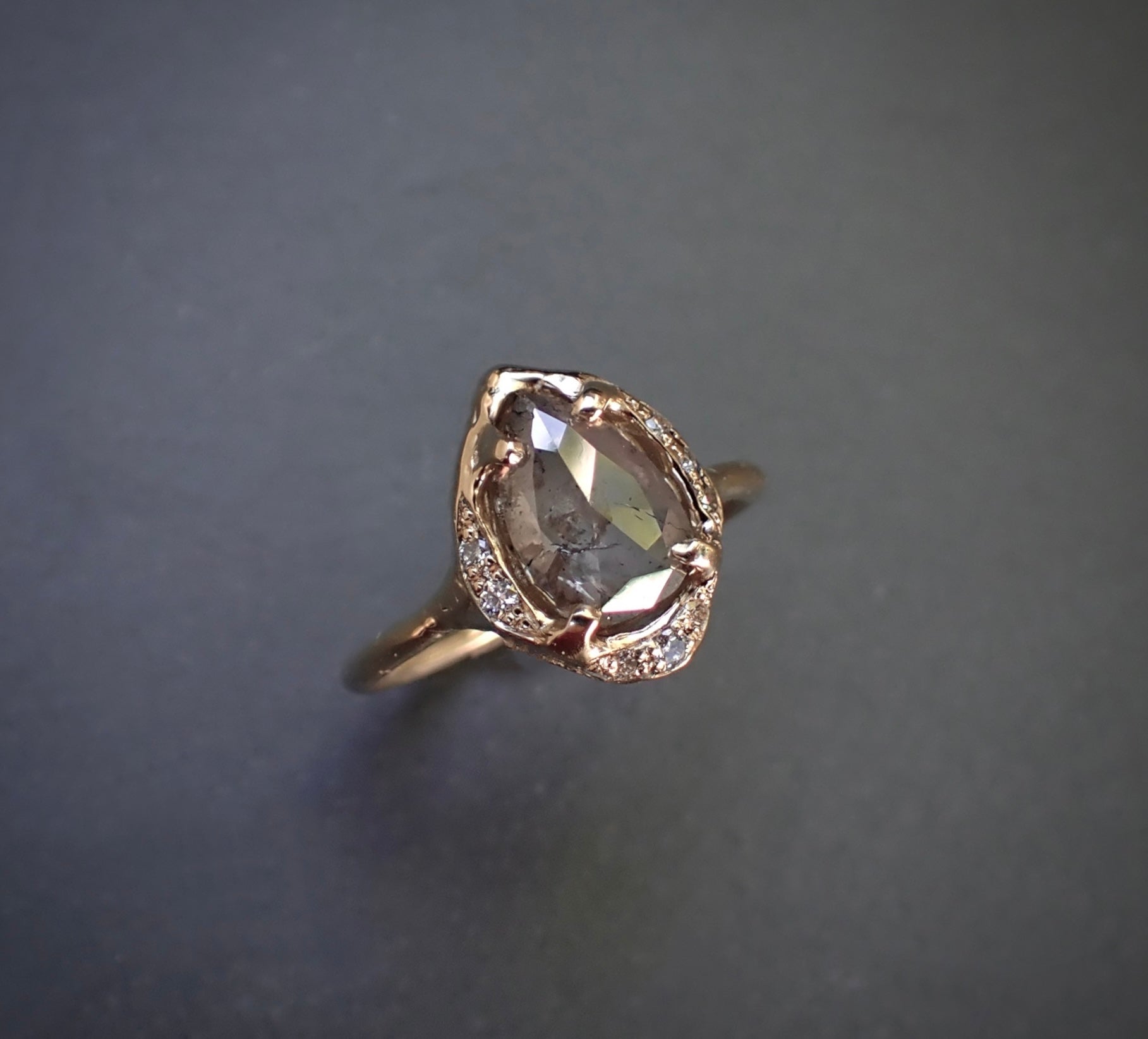 1.72ct Salt and Pepper Pear Diamond Ring in a Scattered Halo Setting
