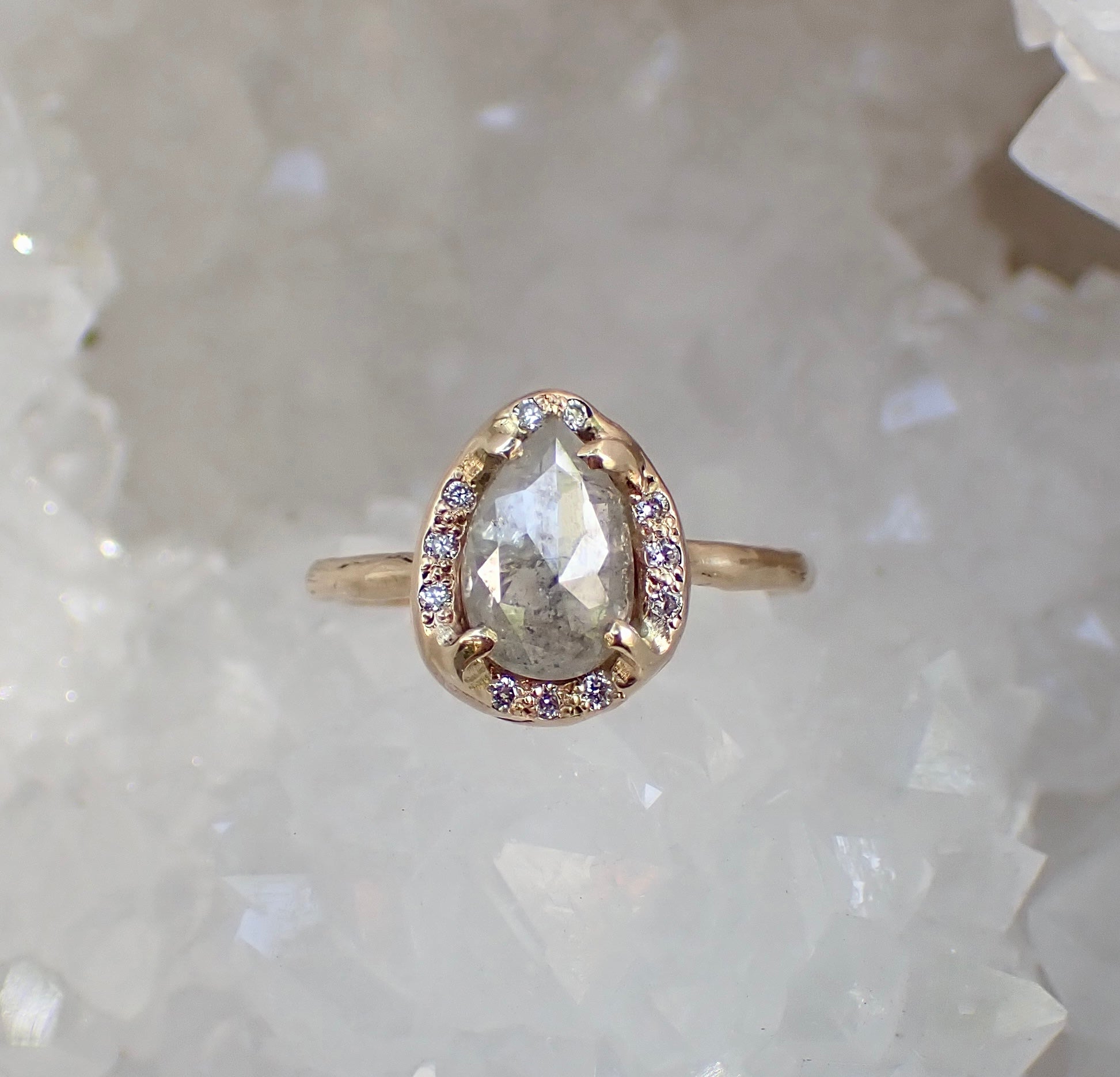 Icy White Salt and Pepper Pear Diamond Ring, in a Molten Diamond Halo