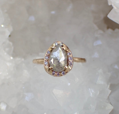 Icy White Salt and Pepper Pear Diamond Ring, in a Molten Diamond Halo - Salt and Pepper Diamond Ring- mossNstone
