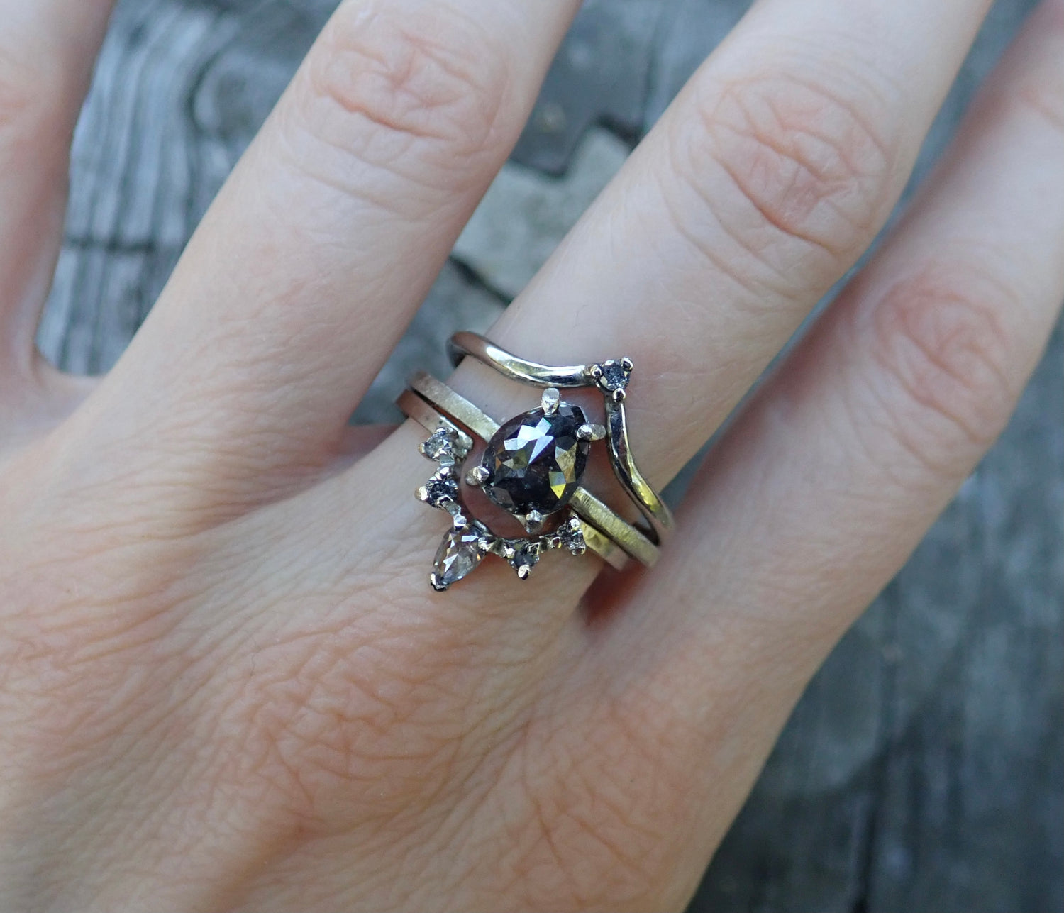 Chevron Band Prong Accent Diamond - Salt and Pepper Diamond Ring- mossNstone