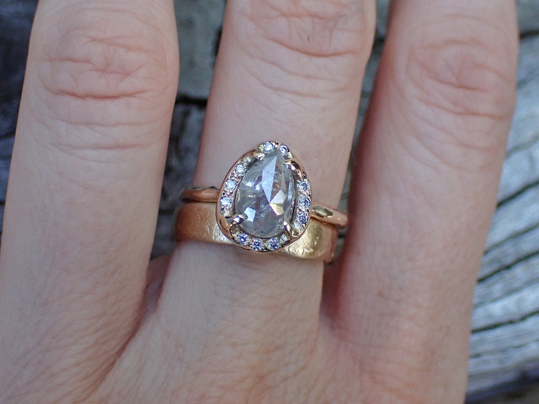 Icy White Salt and Pepper Pear Diamond Ring, in a Molten Diamond Halo - mossNstone