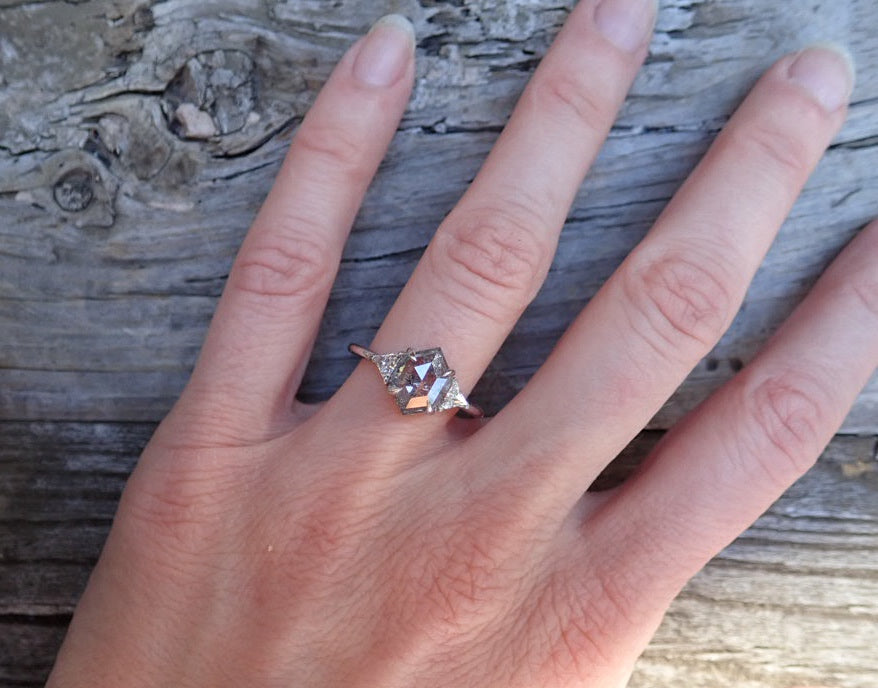 Salt and Pepper Hexagon Diamond Ring 14k White Gold - mossNstone