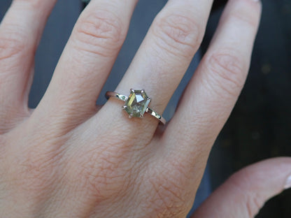 Elongated Hexagon Salt and Pepper Diamond Ring 14k White Gold - Salt and Pepper Diamond Ring- mossNstone