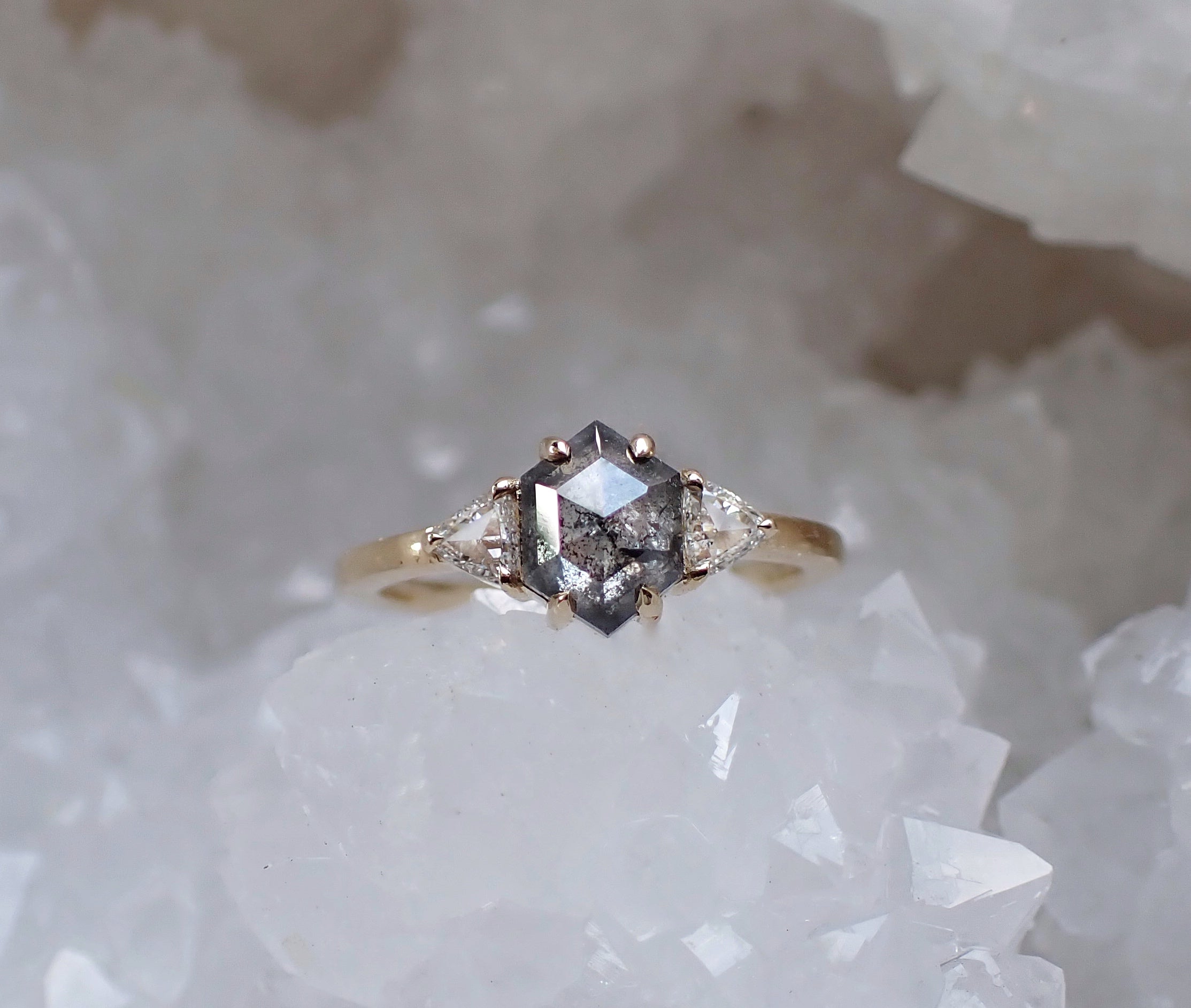 Salt and Pepper Hexagon Diamond Ring Set, 14k Yellow Gold - Salt and Pepper Diamond Ring- mossNstone