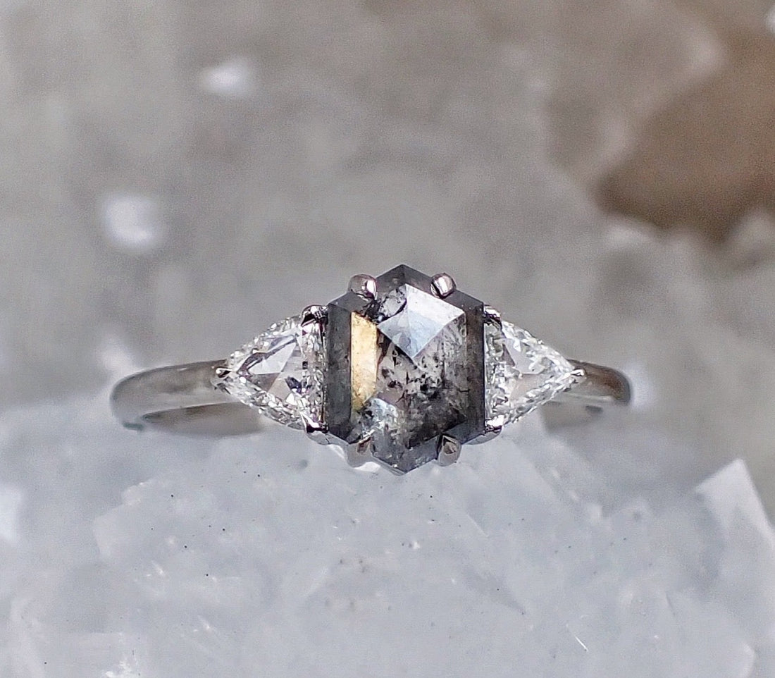 Salt and Pepper Hexagon Diamond Ring, 14k White Gold - Salt and Pepper Diamond Ring- mossNstone