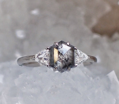 Salt and Pepper Hexagon Diamond Ring, 14k White Gold - mossNstone
