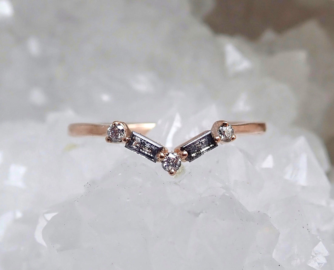 Accented Baguette Chevron Wedding Band - Salt and Pepper Diamond Ring- mossNstone