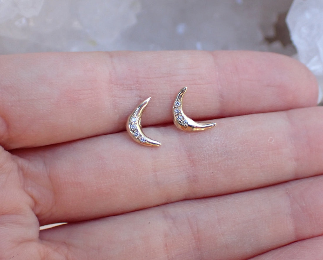 Crescent Moon + Diamond accent studs, hand carved, 14k gold - mossNstone