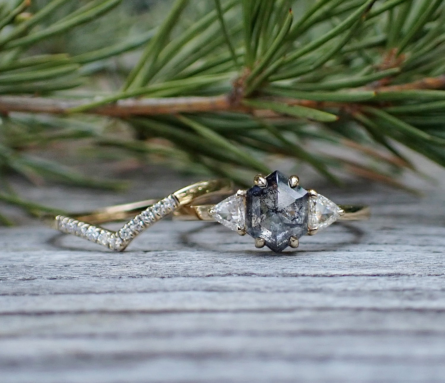 Salt and Pepper Hexagon Diamond Ring Set, 14k Yellow Gold - Salt and Pepper Diamond Ring- mossNstone