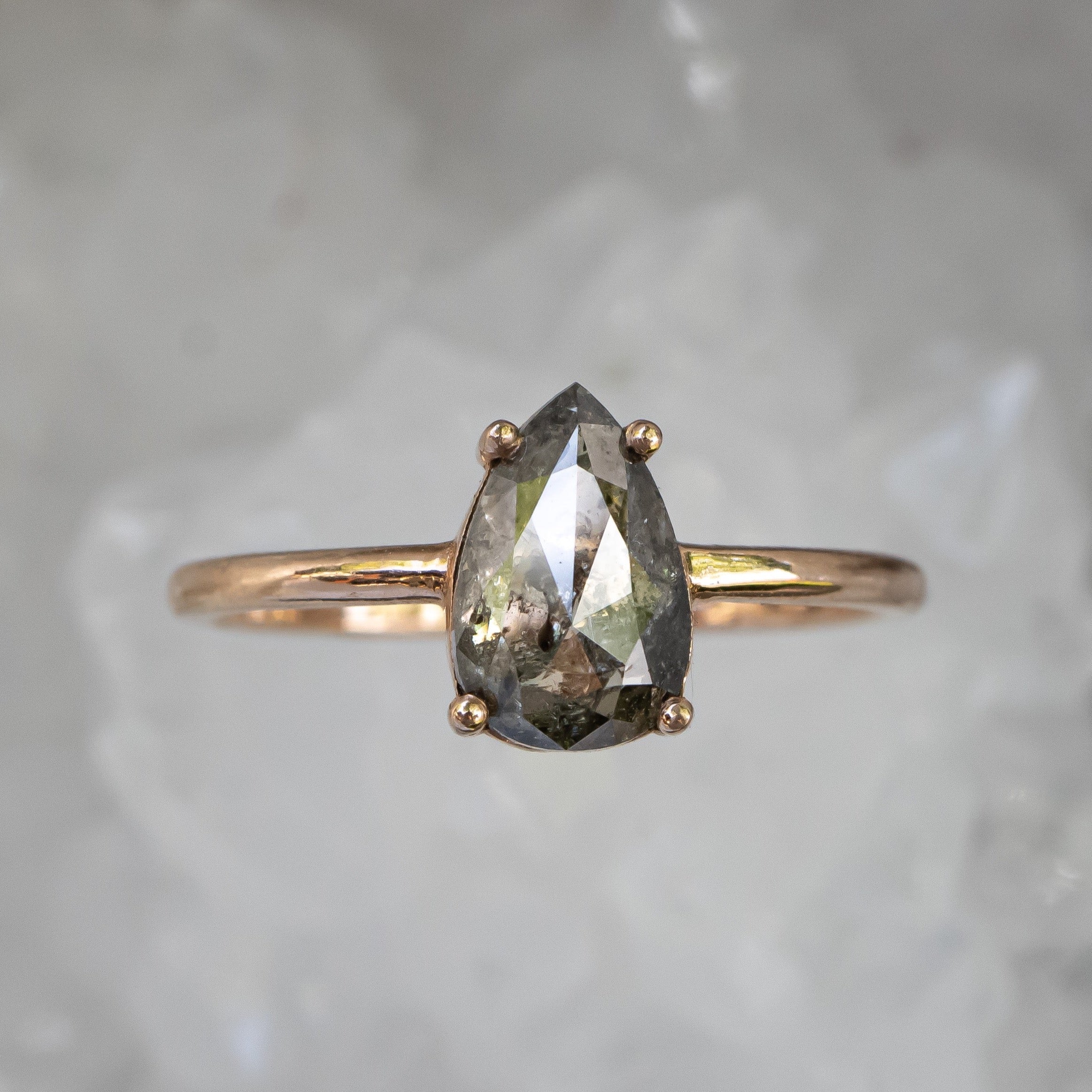 Salt and Pepper Pear Diamond Ring, 14k Rose Gold Solitiare.