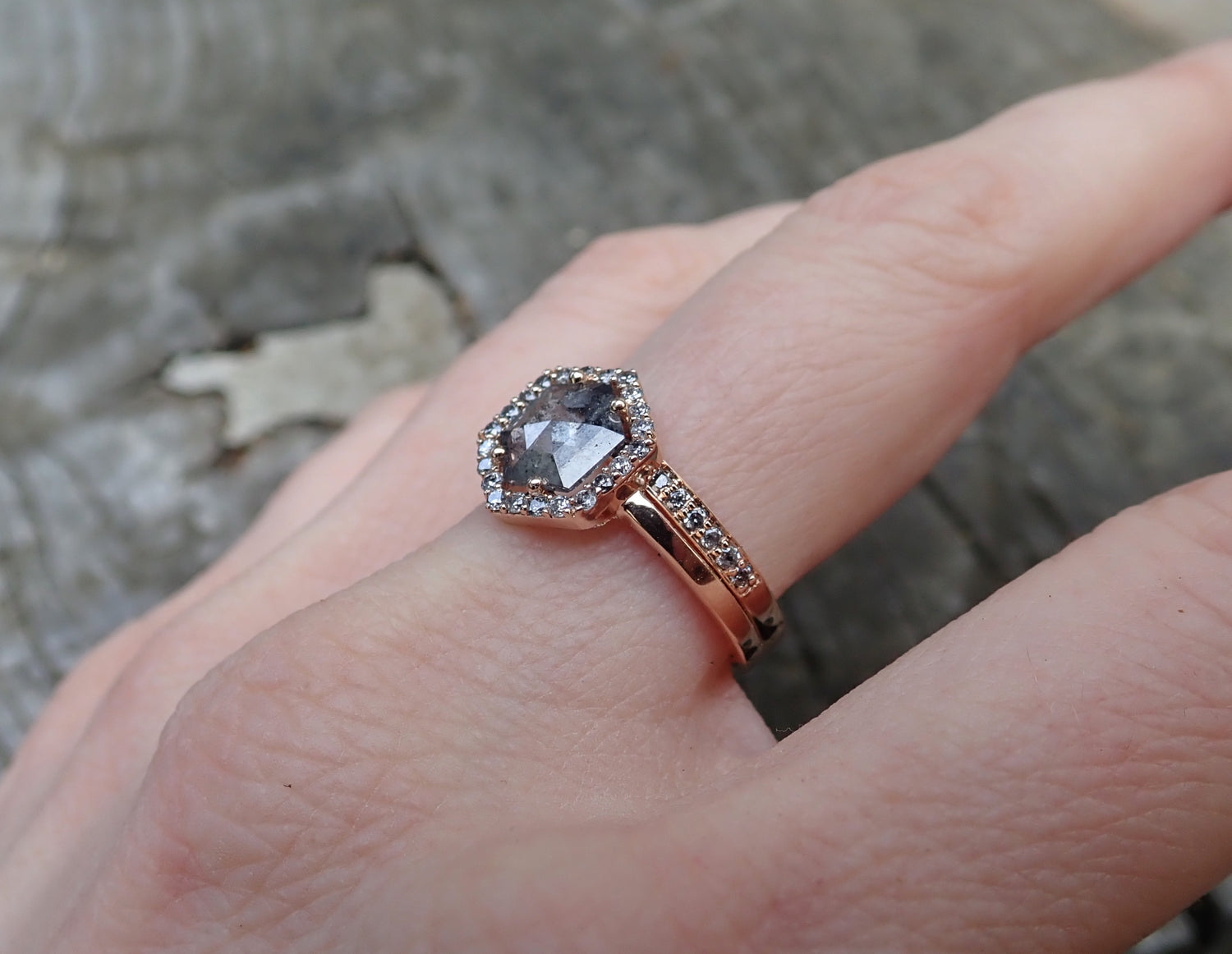 Ready to to Ship: Salt and Pepper Hexagon Halo Diamond Ring 14k Rose Gold, Size 6 - mossNstone