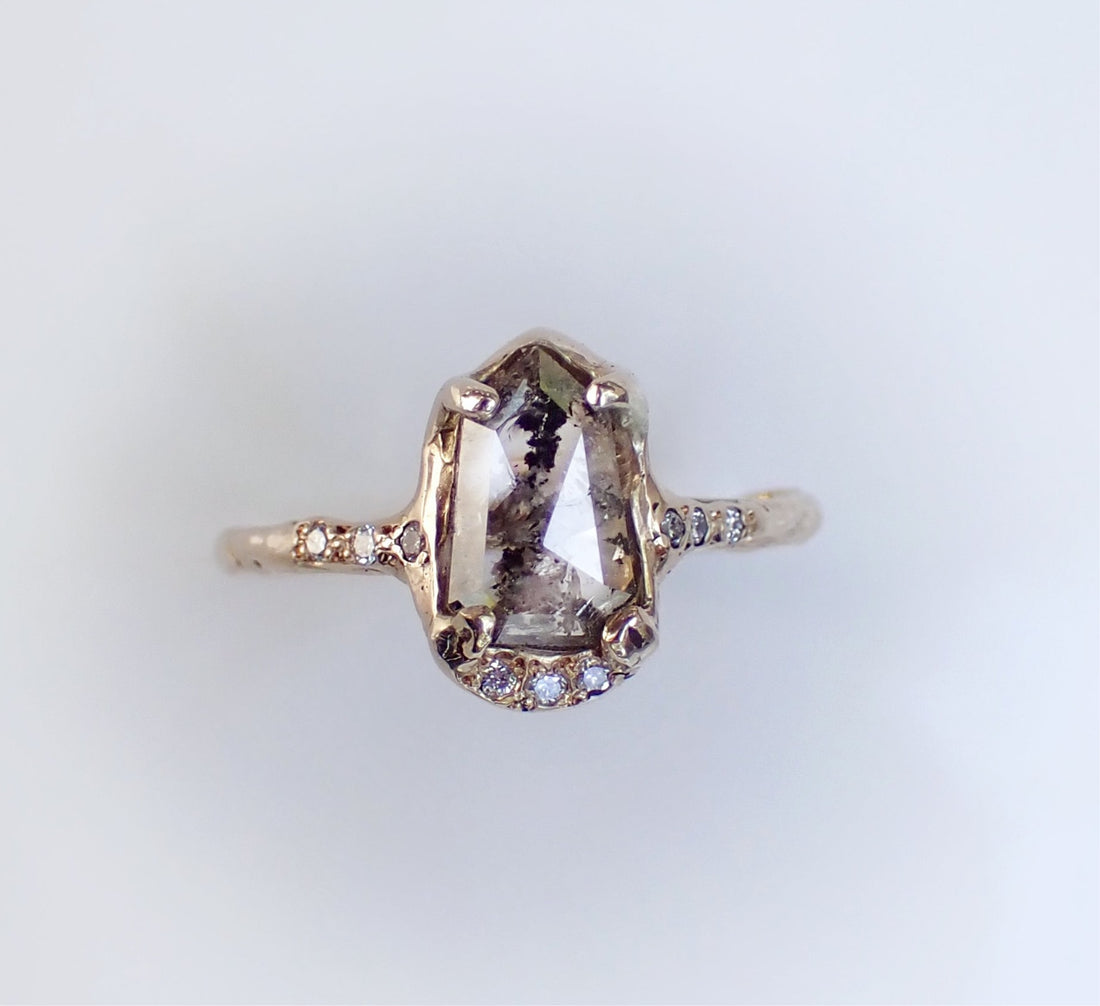 Salt and Pepper Shield Cut Diamond, 14k Gold - Salt and Pepper Diamond Ring- mossNstone