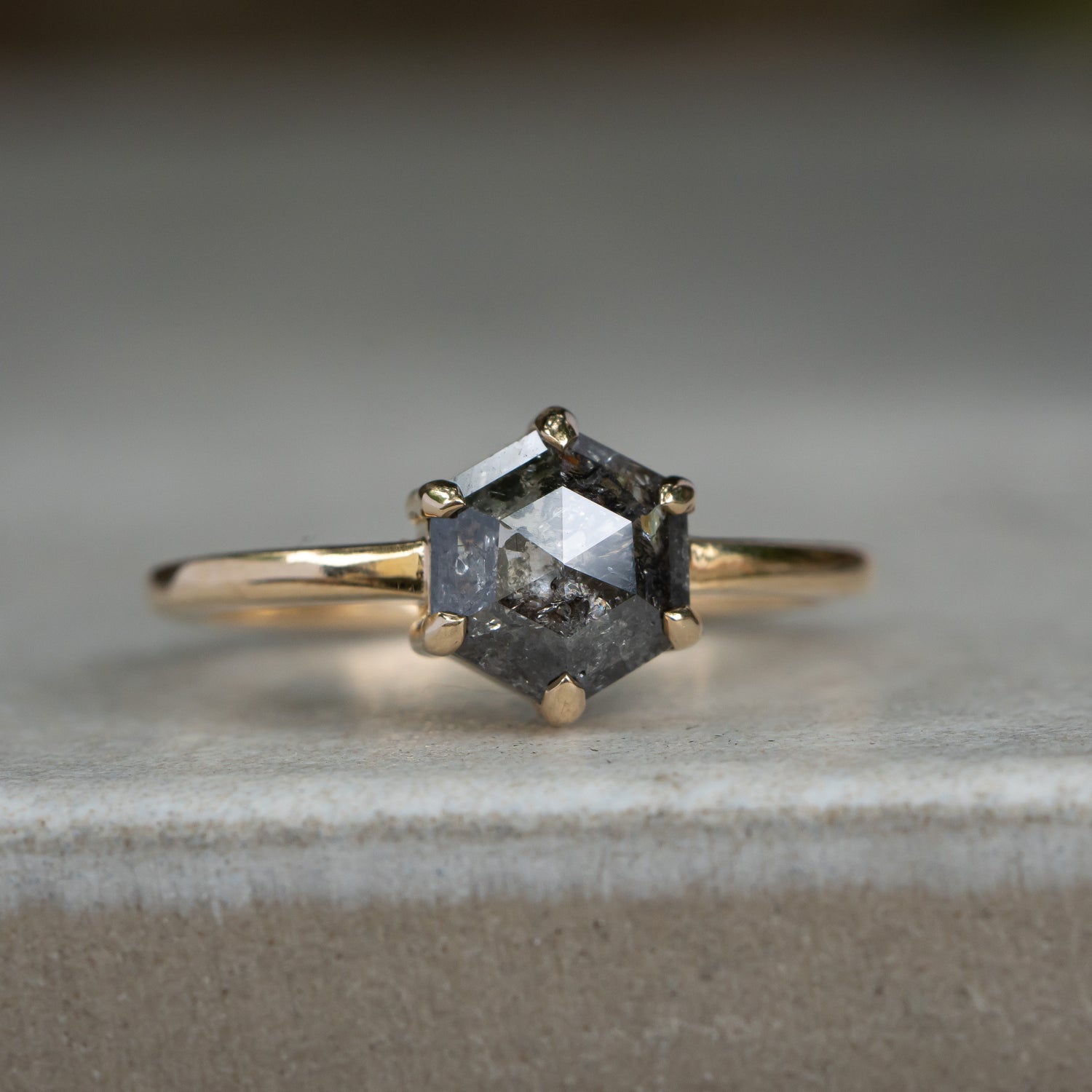 Ready to Ship: 6-prong Salt and Pepper Hexagon Diamond Ring - Salt and Pepper Diamond Ring- mossNstone