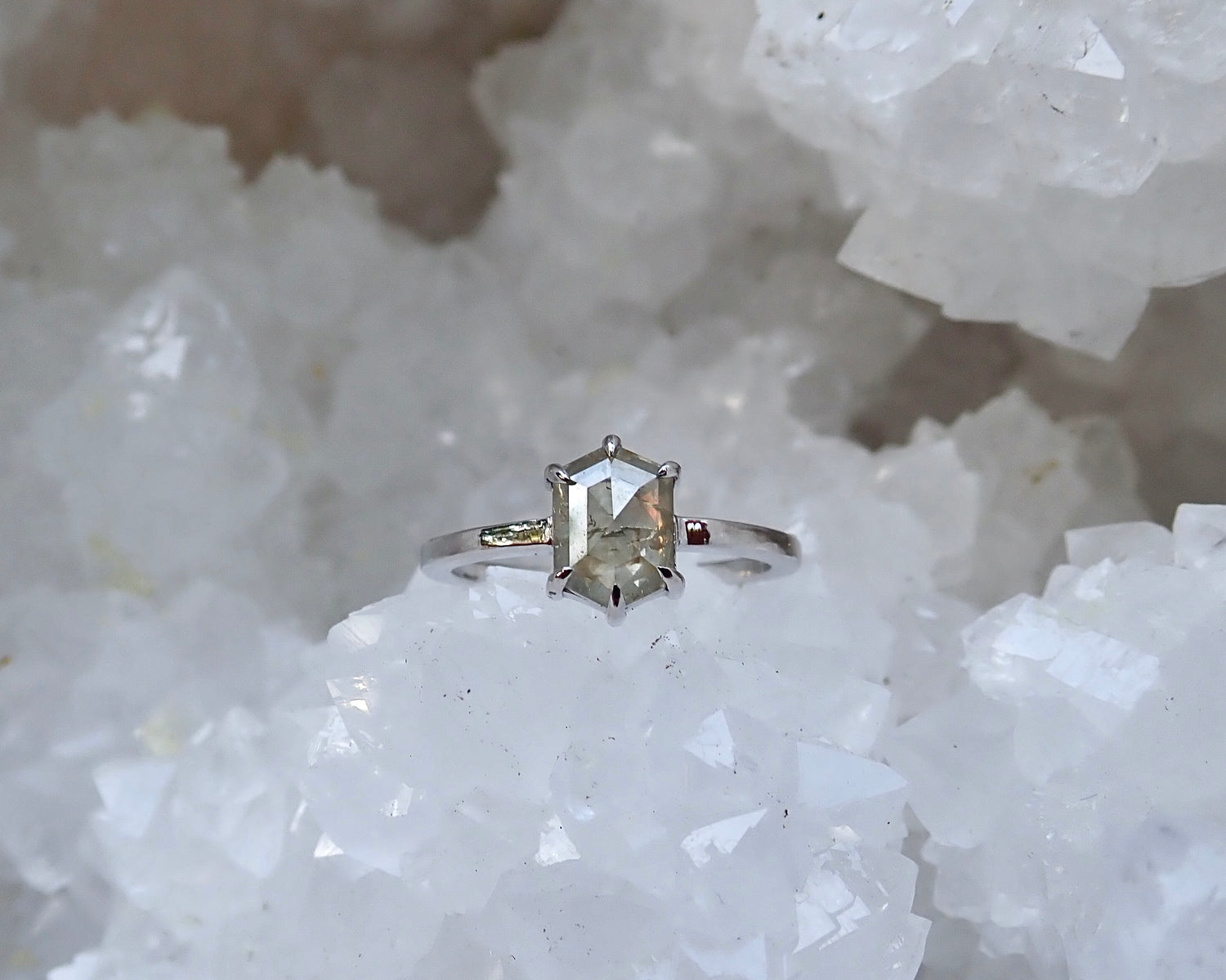 Elongated Hexagon Salt and Pepper Diamond Ring 14k White Gold - mossNstone