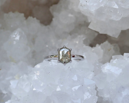 Elongated Hexagon Salt and Pepper Diamond Ring 14k White Gold - Salt and Pepper Diamond Ring- mossNstone