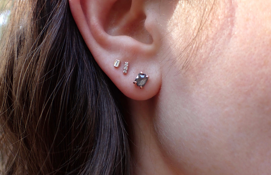 Baguette Diamond Stud Earrings, Solid 14k Gold - mossNstone