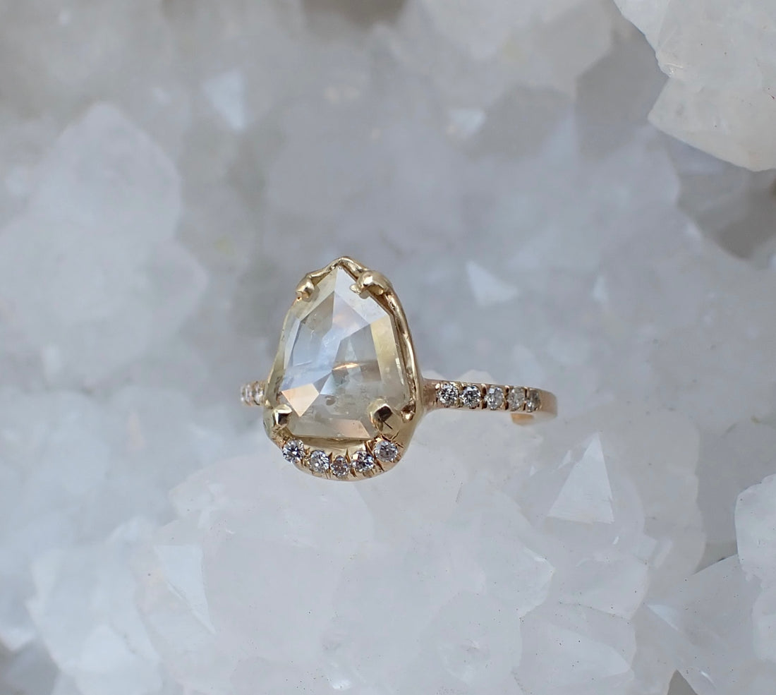 Icy White Shield Cut Diamond Ring - Salt and Pepper Diamond Ring- mossNstone