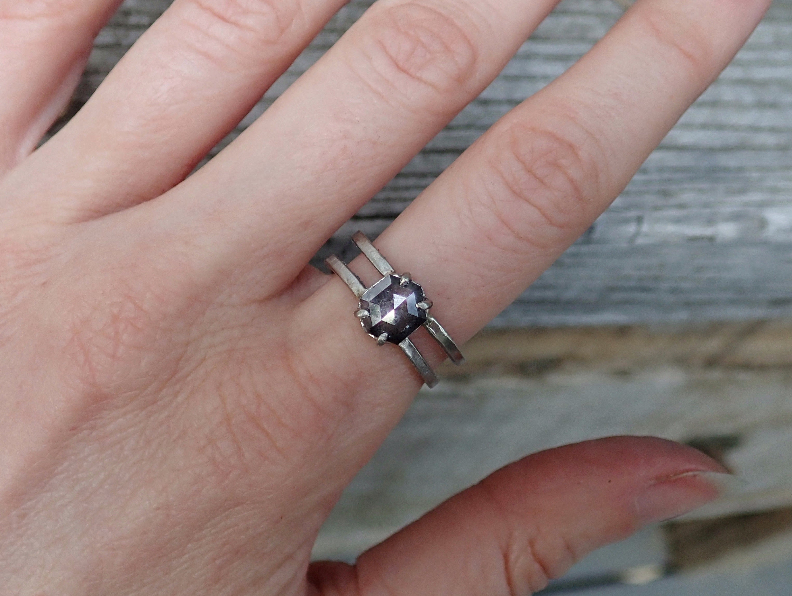 Custom: Hexagon Salt and Pepper Diamond Ring - mossNstone