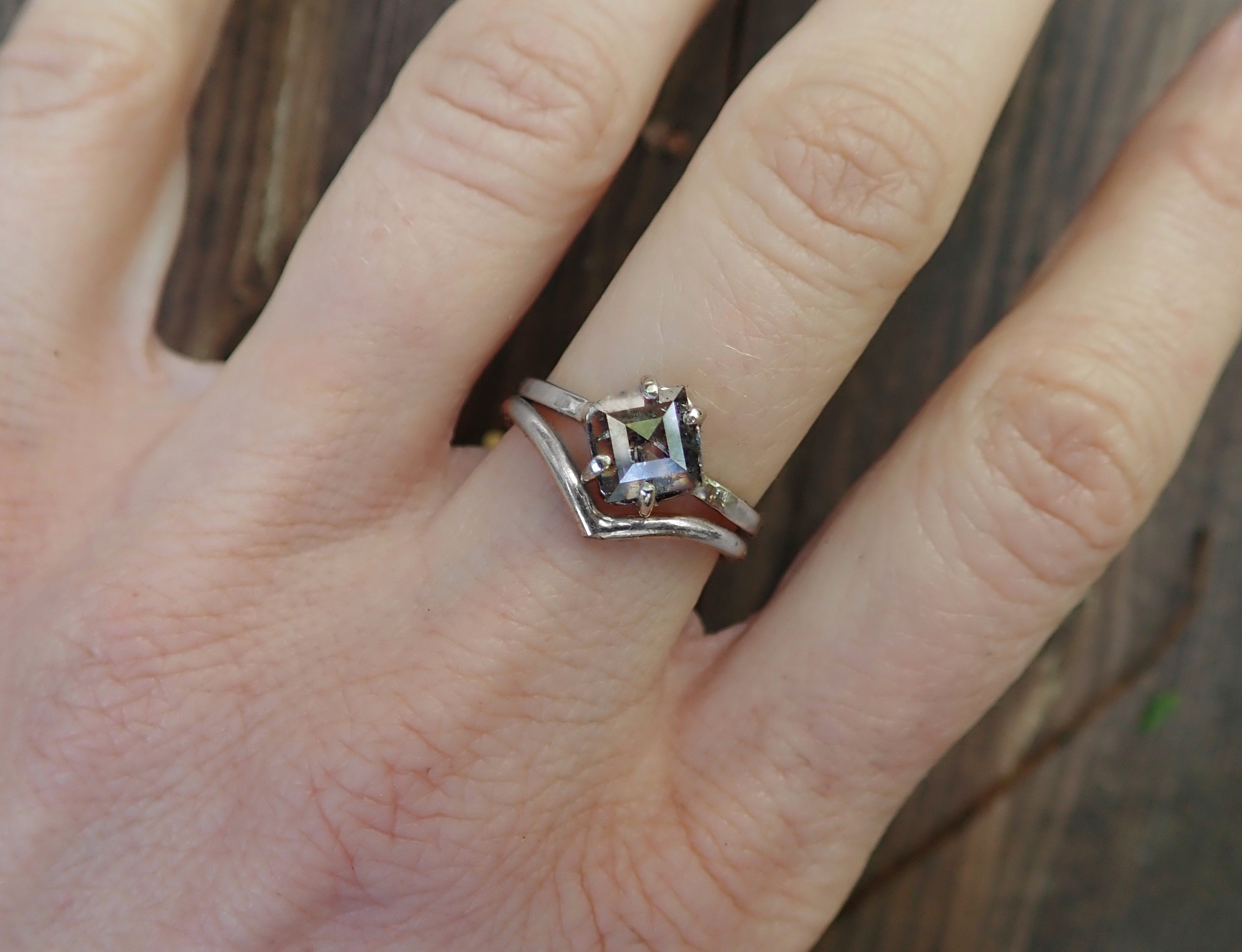 Custom: Kite Shape Salt and Pepper Diamond Ring - mossNstone