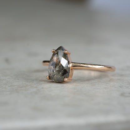 Salt and Pepper Pear Diamond Ring, 14k Rose Gold Solitiare