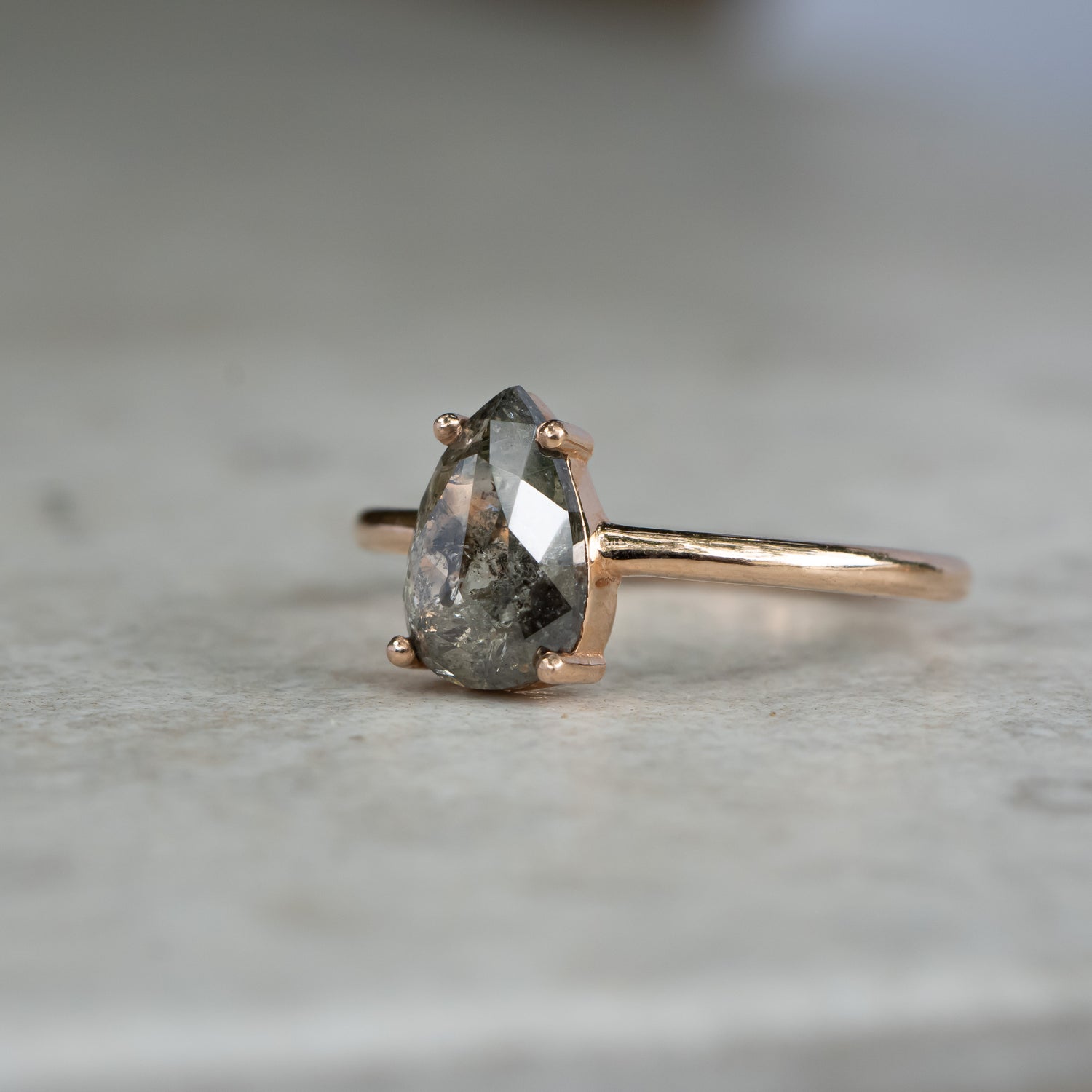 Salt and Pepper Pear Diamond Ring, 14k Rose Gold Solitiare.